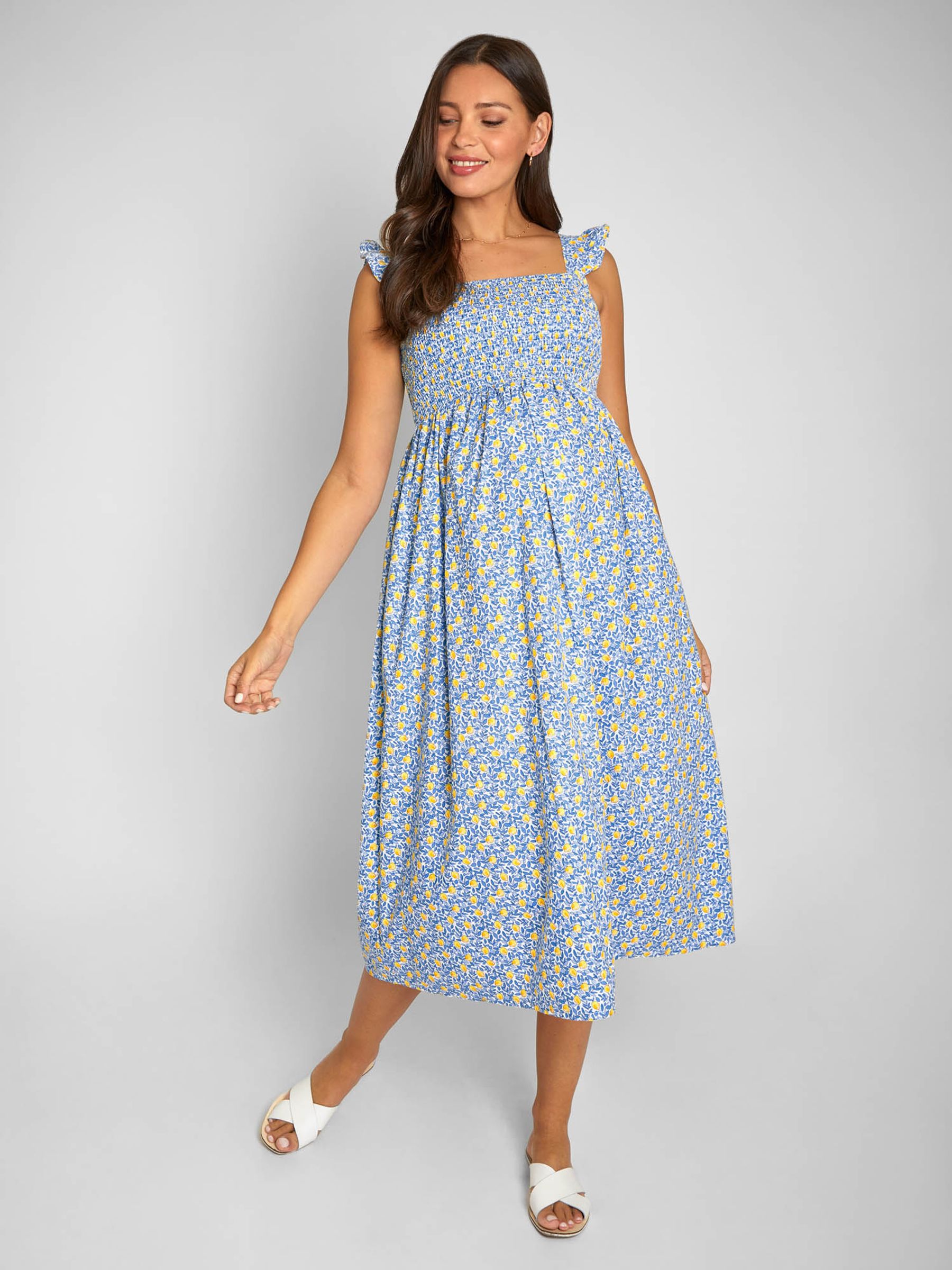 Yellow Lemon Bloom Print Shirred Maternity Midi Dress - Image 1 of 8