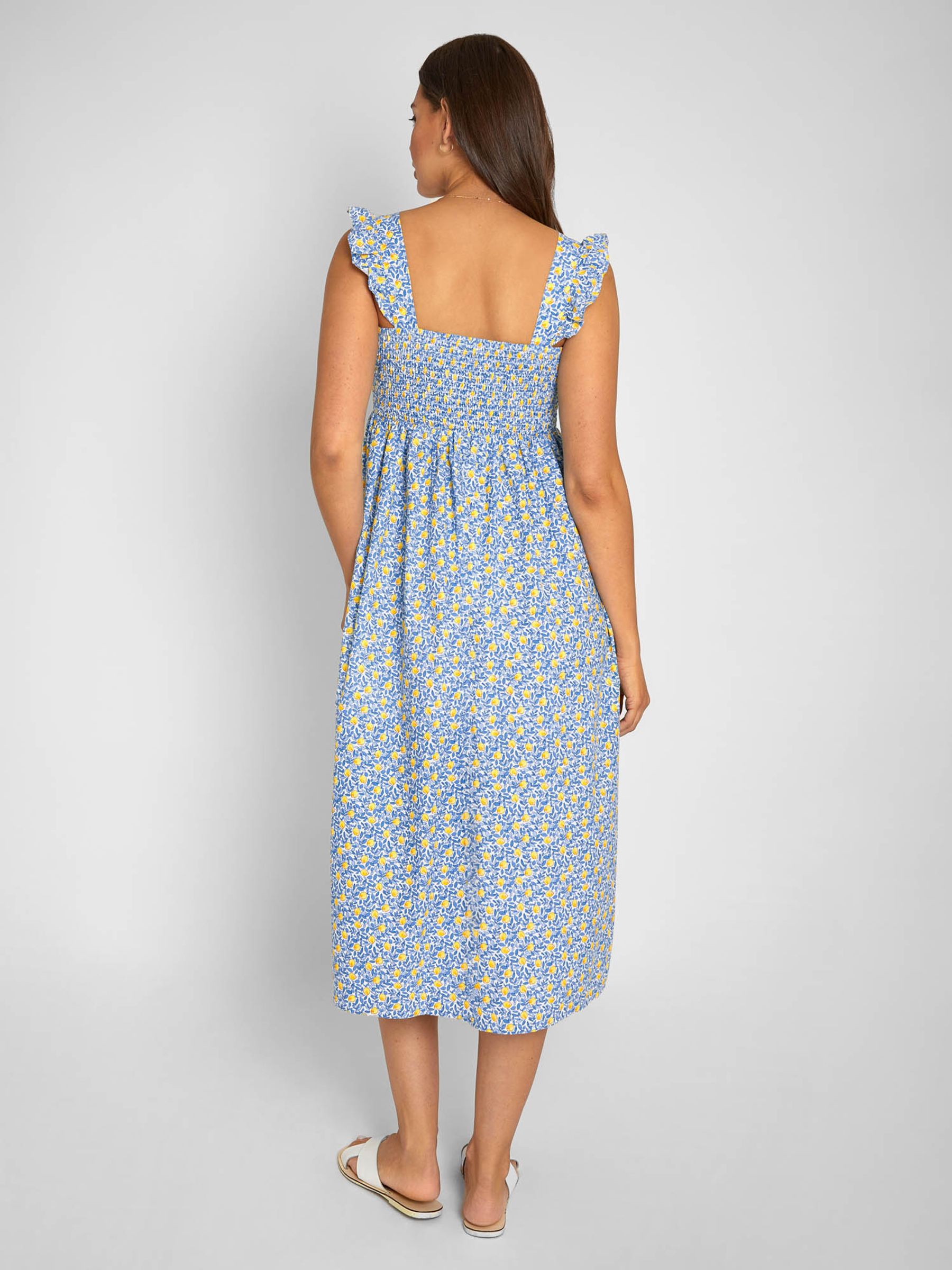 Yellow Lemon Bloom Print Shirred Maternity Midi Dress - Image 2 of 8