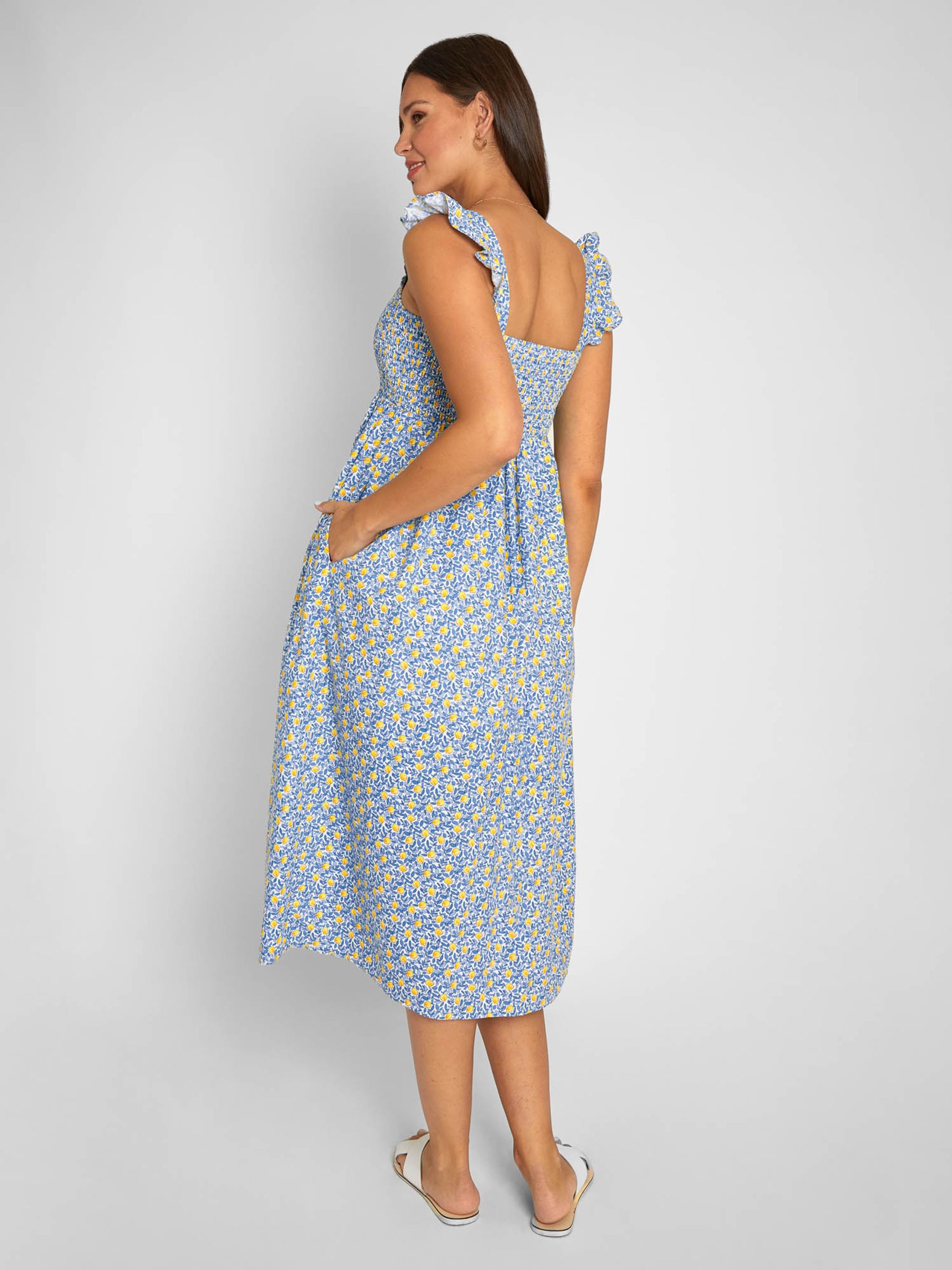 Yellow Lemon Bloom Print Shirred Maternity Midi Dress - Image 4 of 8