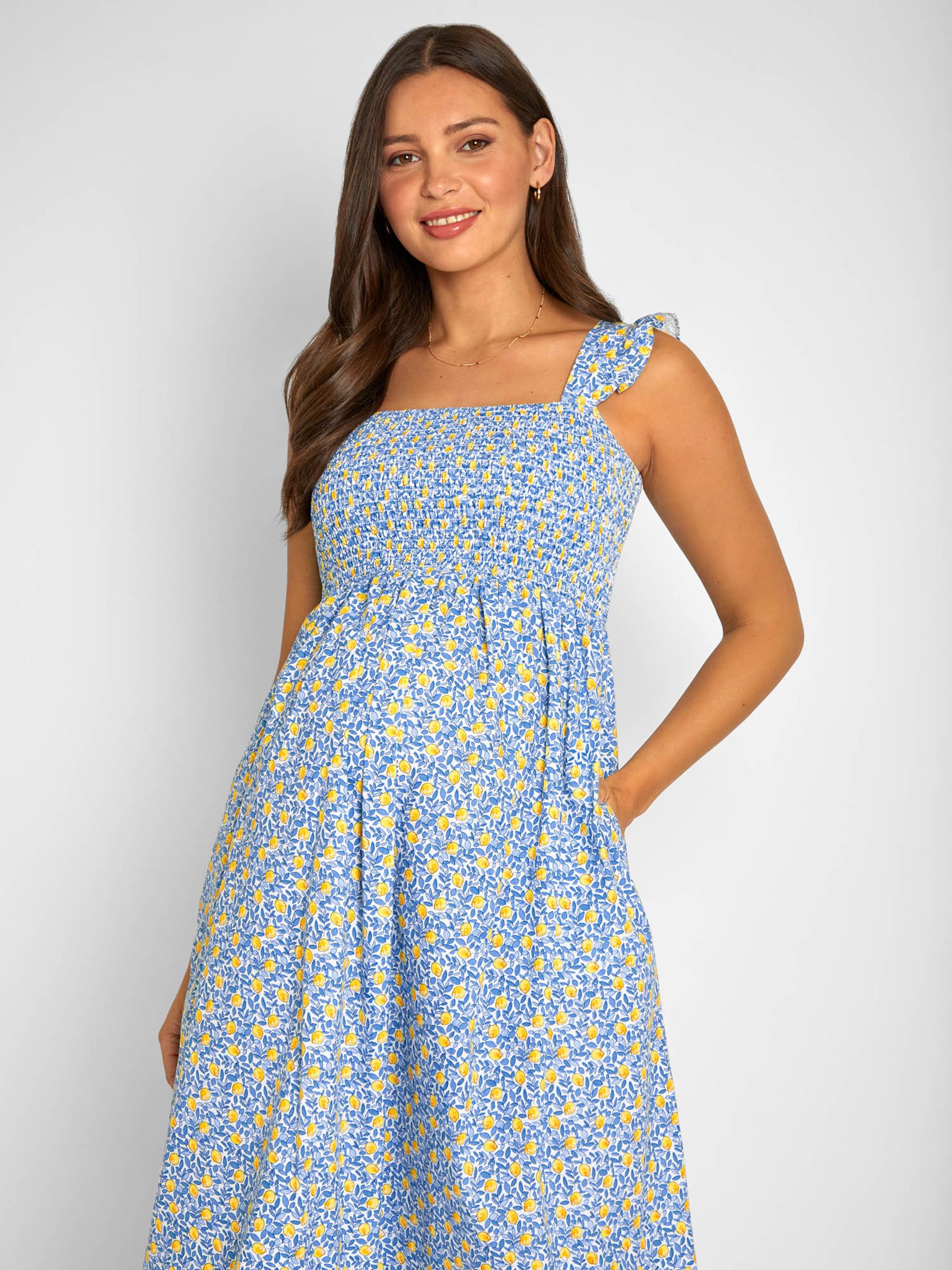 Yellow Lemon Bloom Print Shirred Maternity Midi Dress - Image 5 of 8