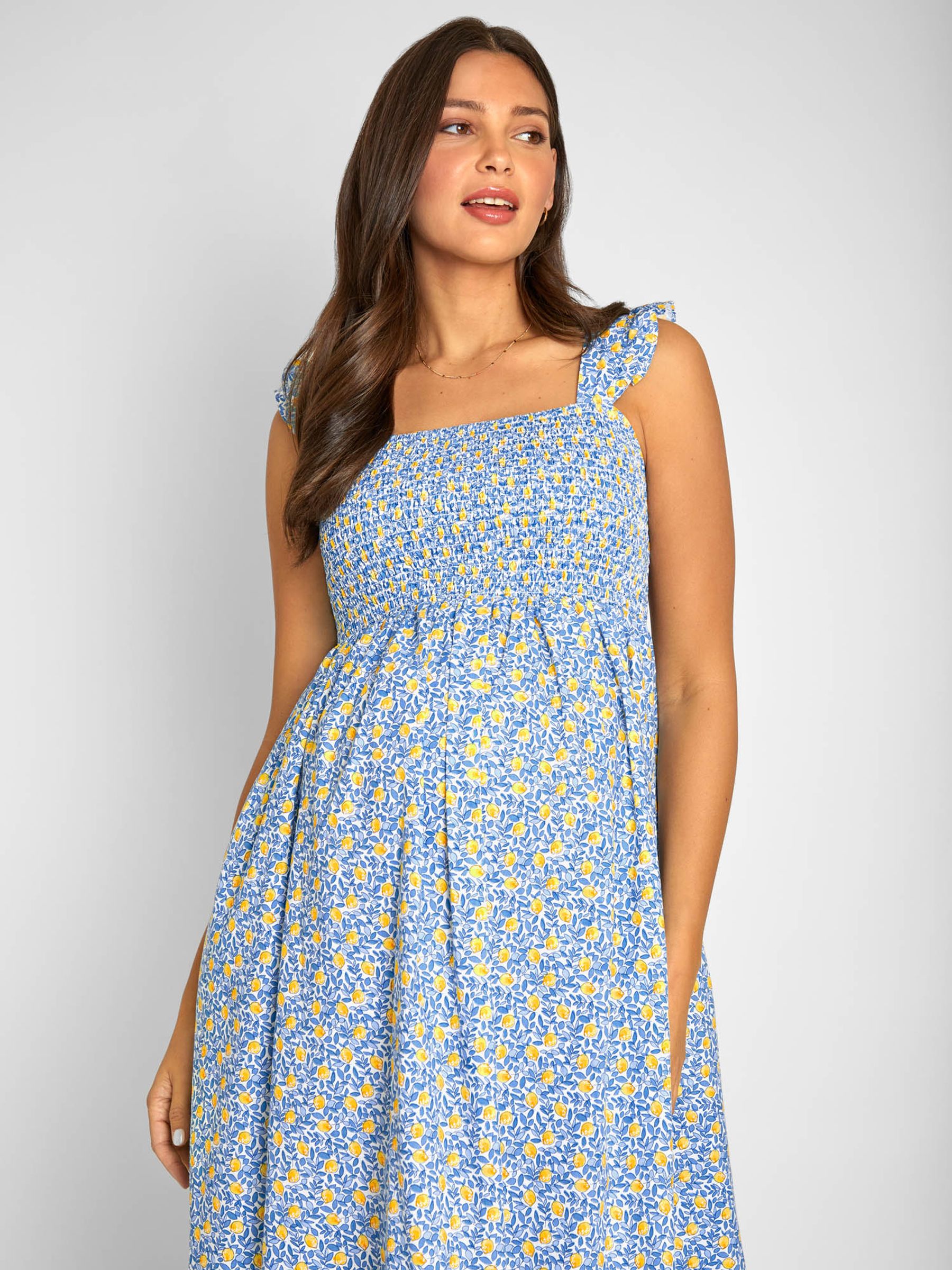 Yellow Lemon Bloom Print Shirred Maternity Midi Dress - Image 6 of 8