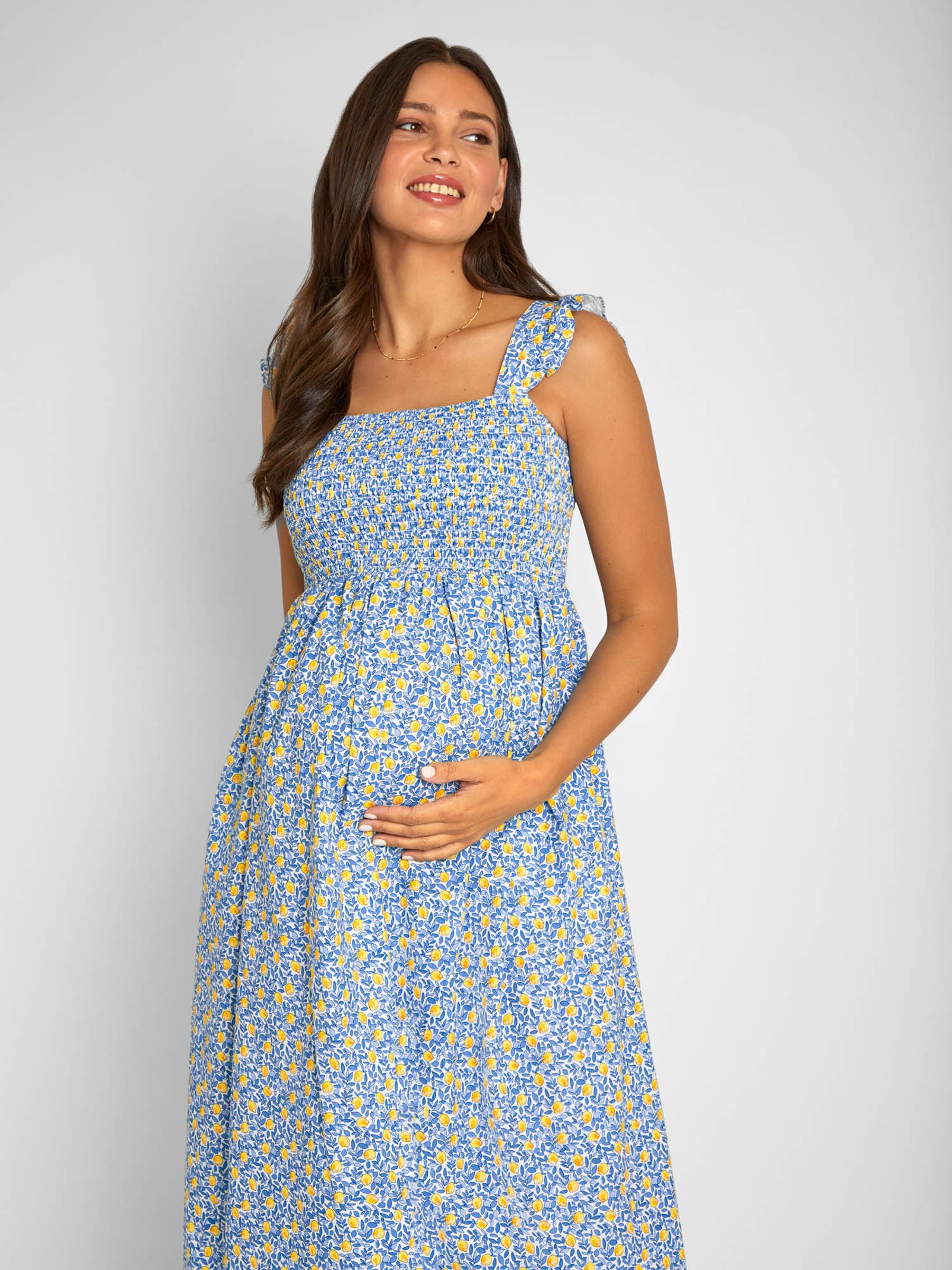 Yellow Lemon Bloom Print Shirred Maternity Midi Dress - Image 7 of 8