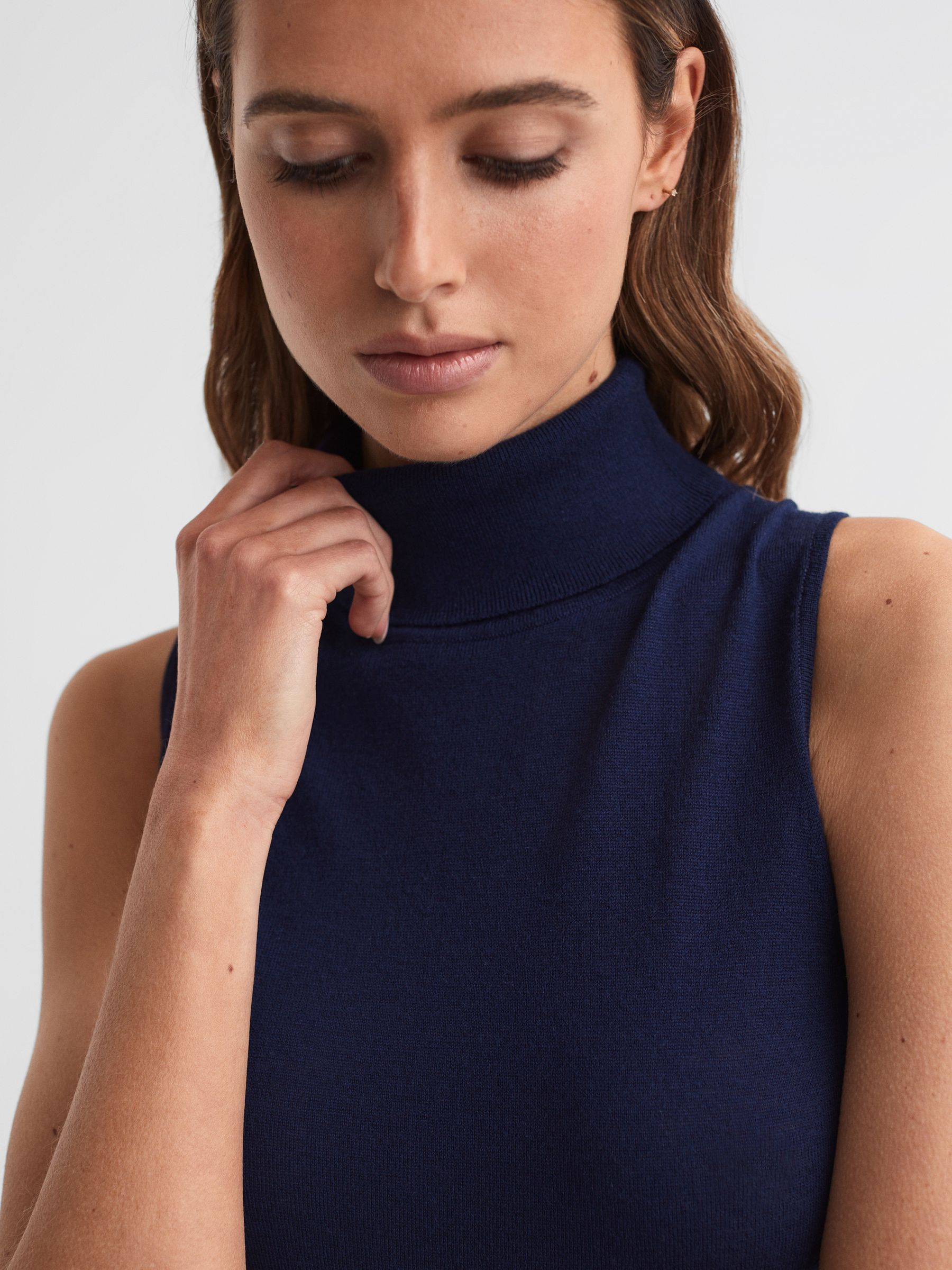 Merino Wool Sleeveless Roll Neck Top in Navy - Image 4 of 5
