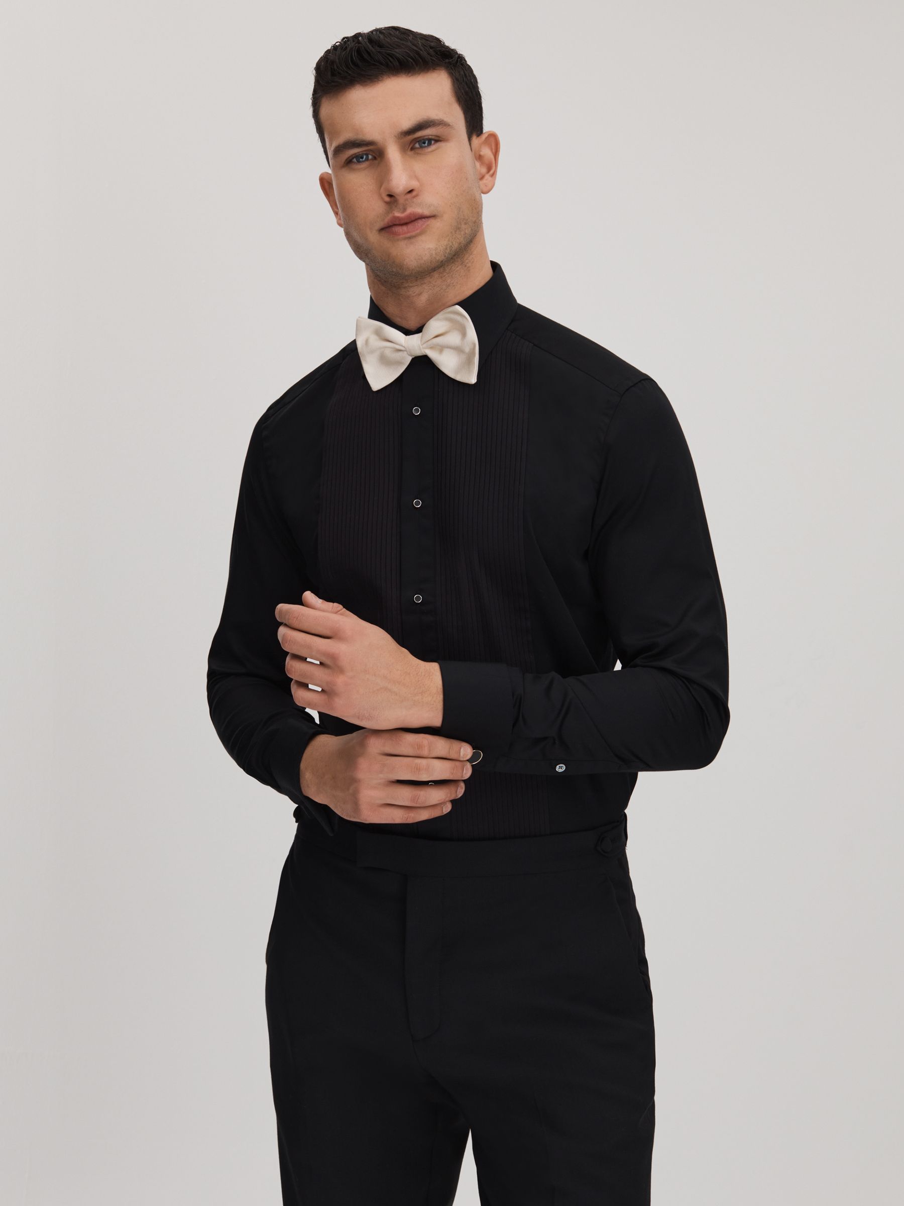 Slim Fit Double Cuff Tuxedo Shirt in Black - Image 1 of 8