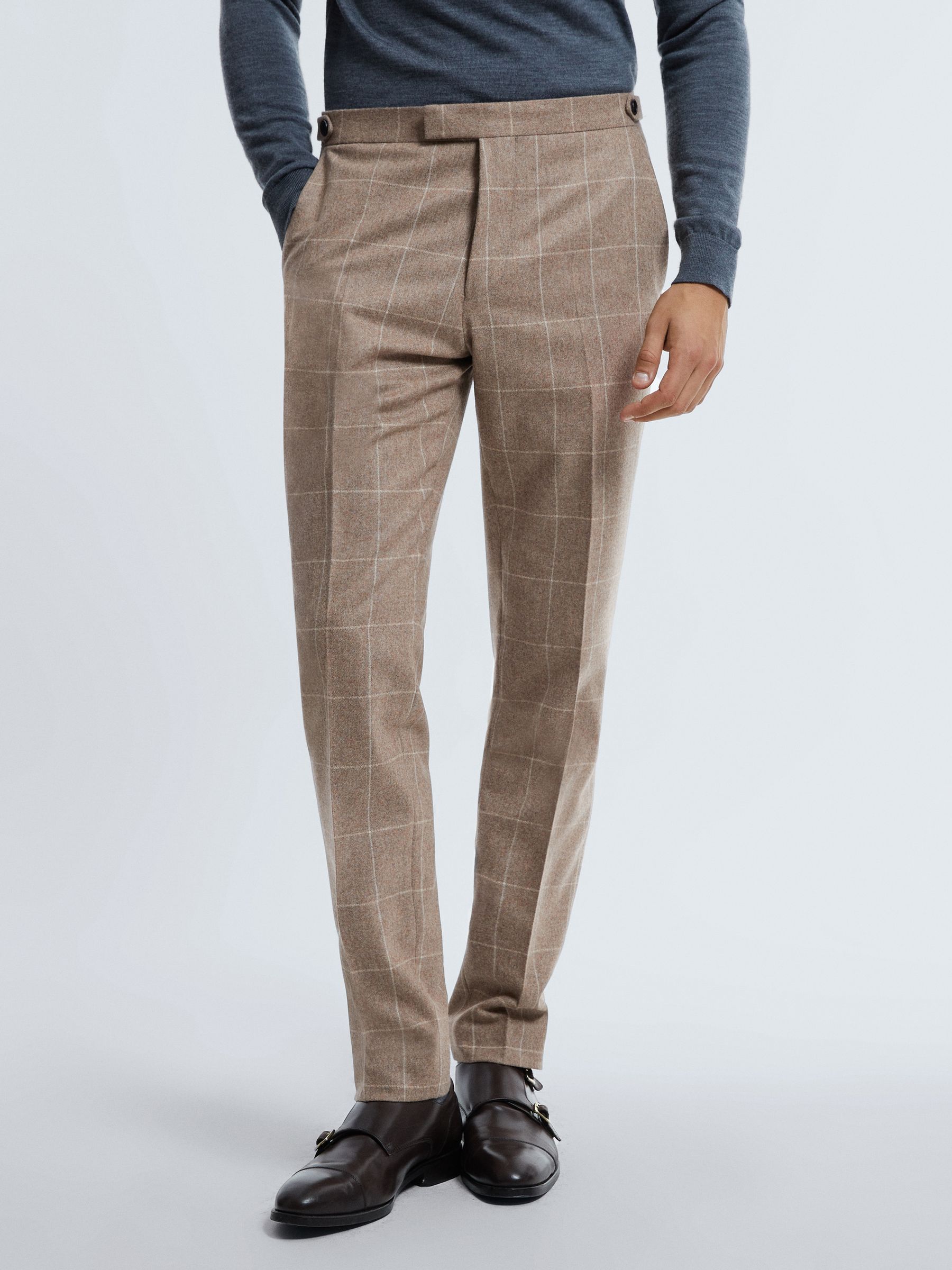 Atelier Italian Wool Cashmere Slim Fit Check Trousers in Oatmeal - Image 1 of 6