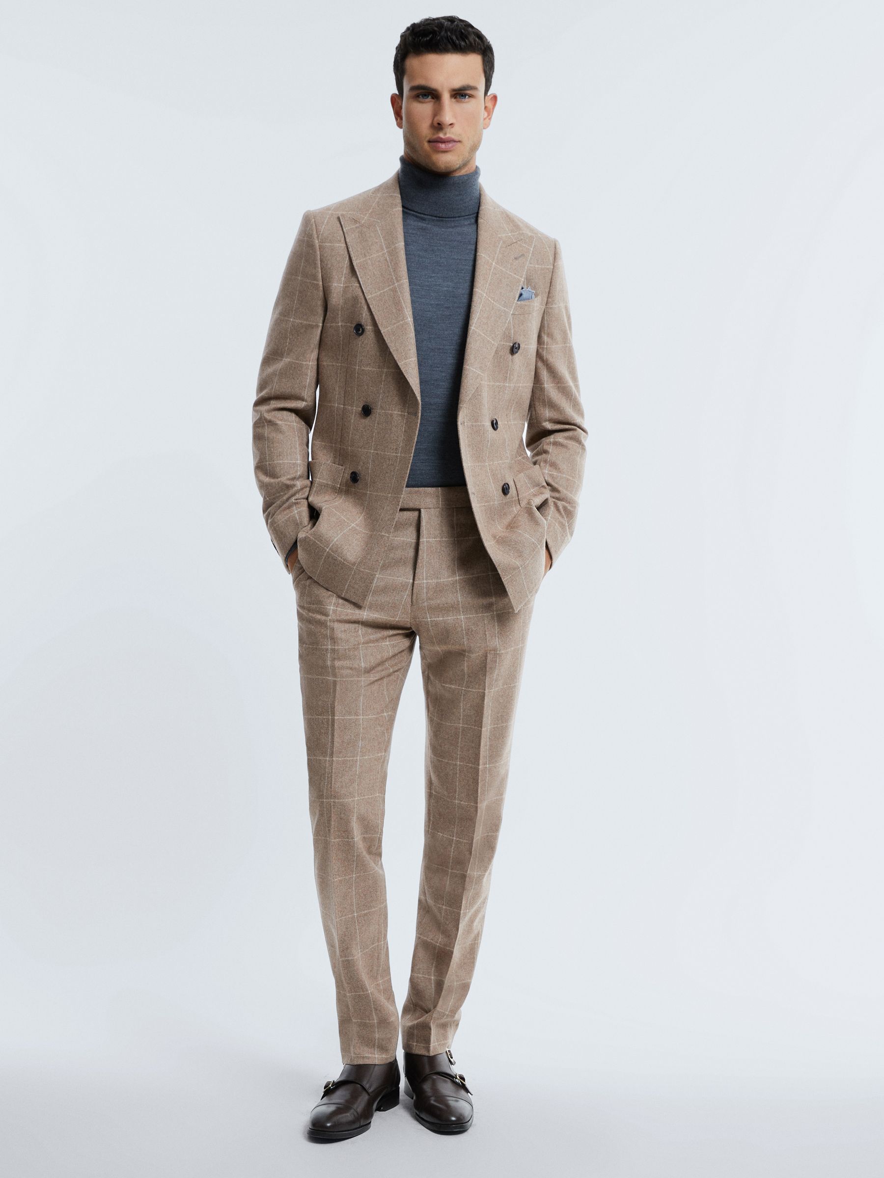 Atelier Italian Wool Cashmere Slim Fit Check Trousers in Oatmeal - Image 3 of 6