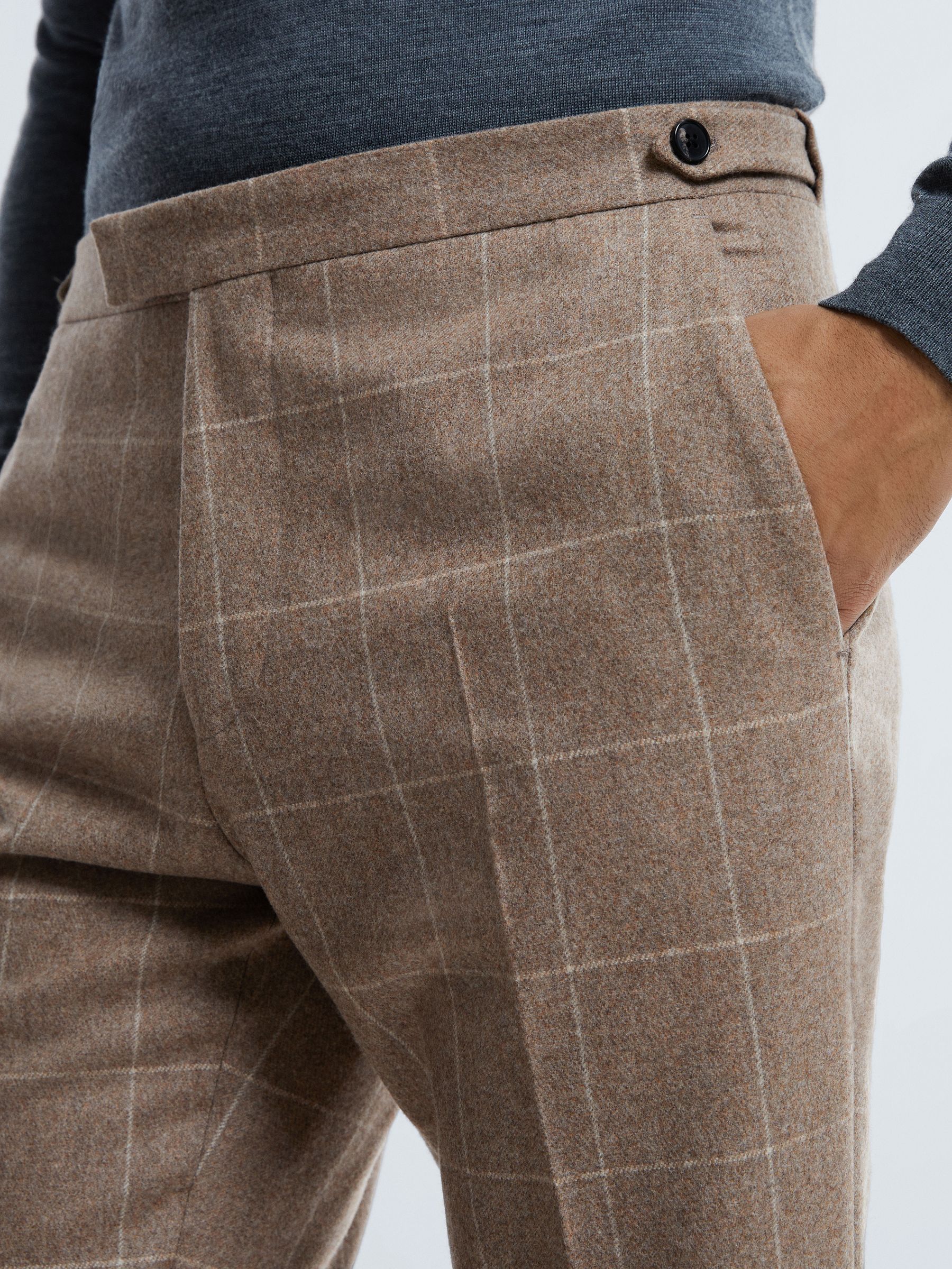 Atelier Italian Wool Cashmere Slim Fit Check Trousers in Oatmeal - Image 4 of 6