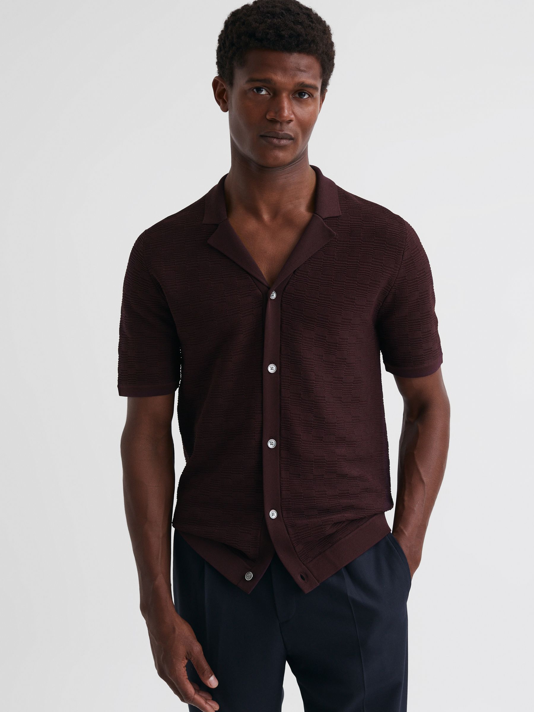 Textured Cuban Collar Button-Through Shirt in Bordeaux - Image 1 of 5