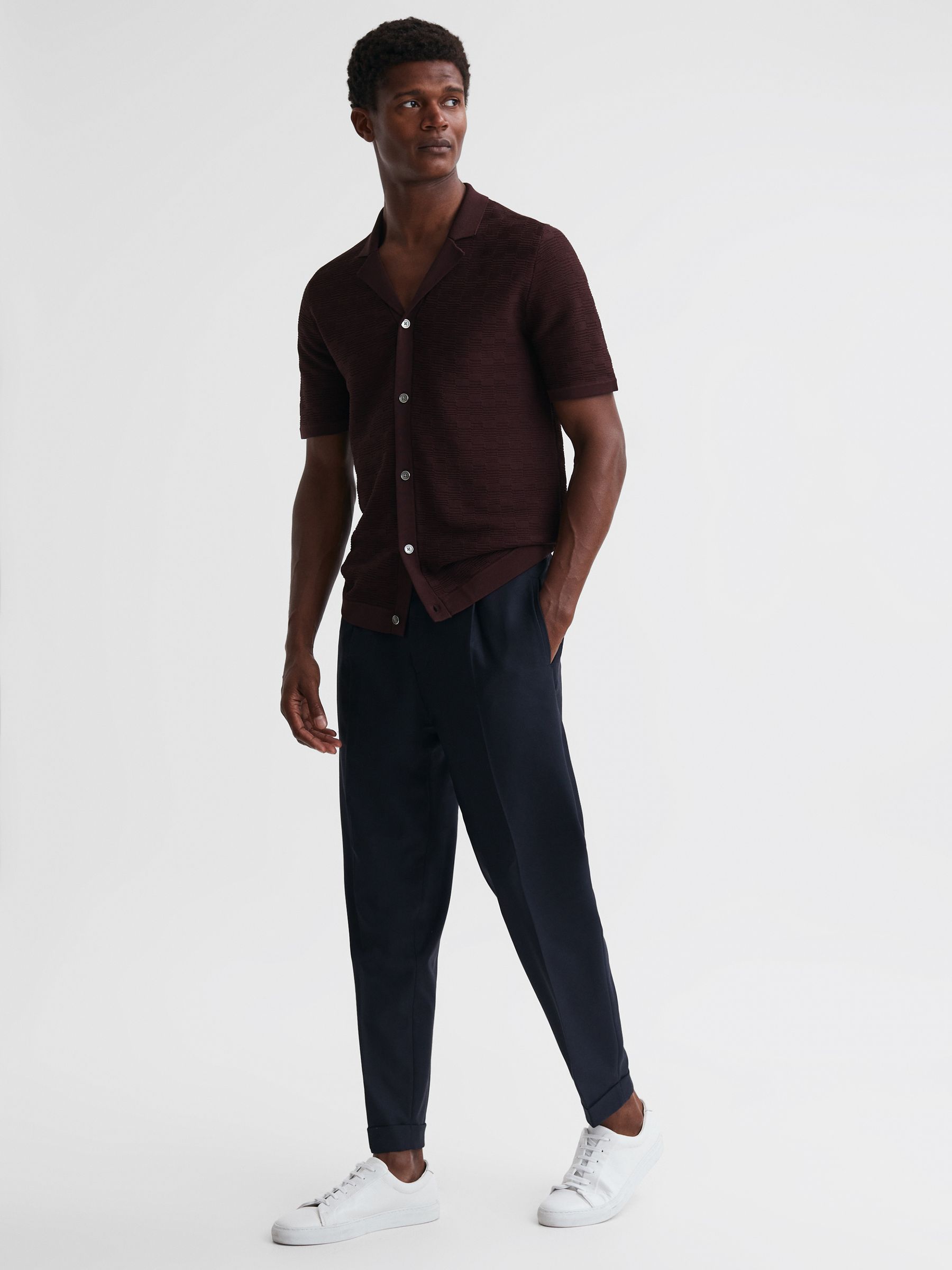 Textured Cuban Collar Button-Through Shirt in Bordeaux - Image 3 of 5