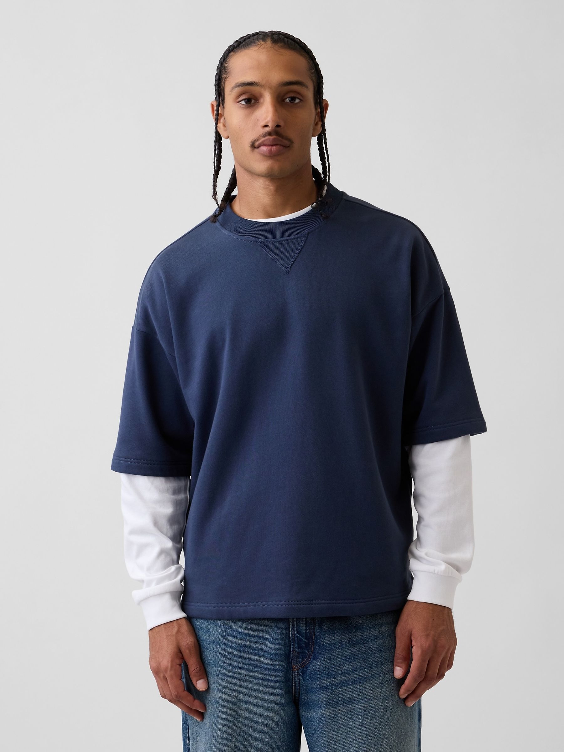 Navy Heavyweight French Terry Oversized Short Sleeve Sweatshirt - Image 1 of 4 Navy Heavyweight French Terry Oversized Short Sleeve Sweatshirt - Image 1 of 4