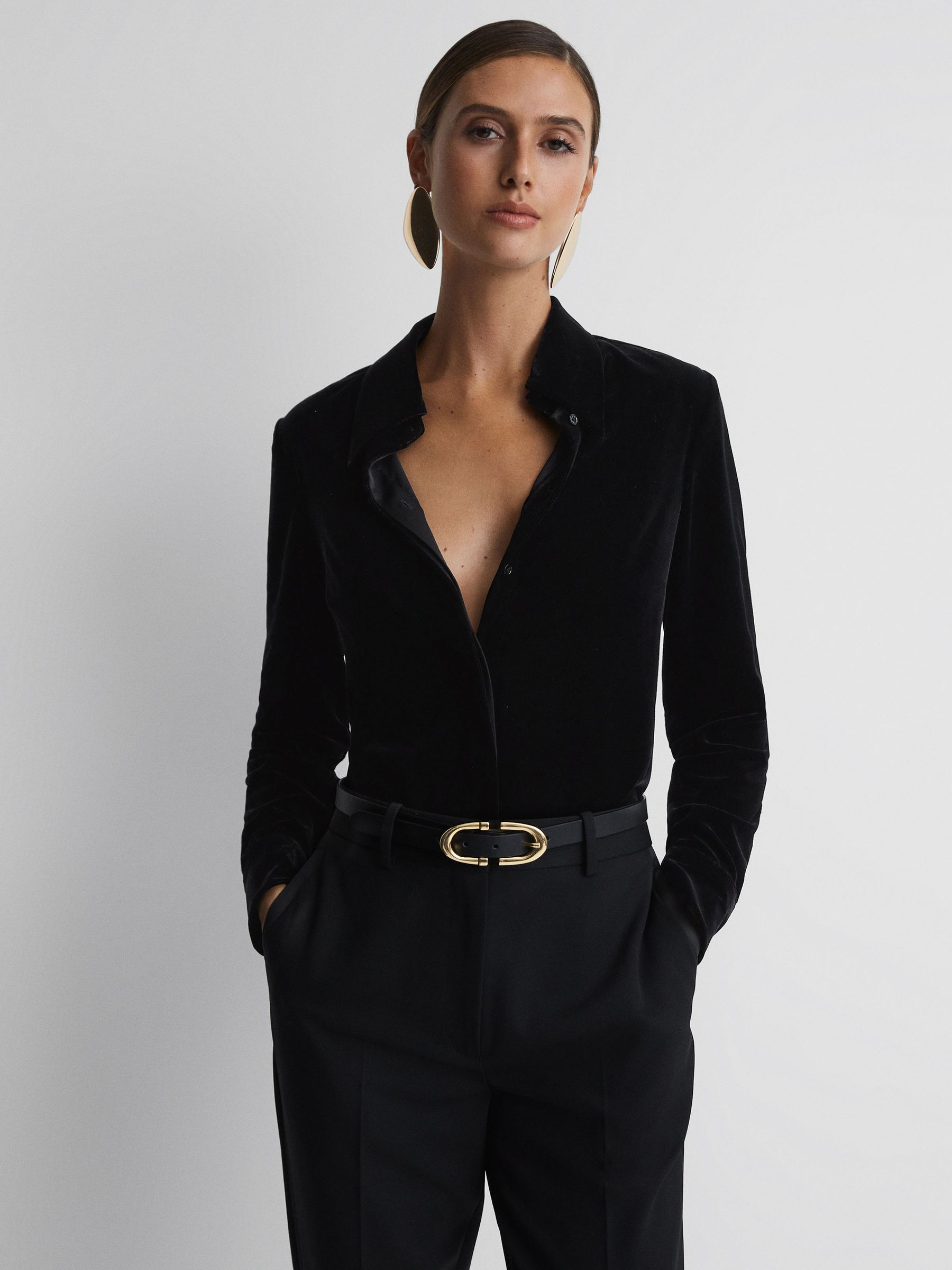 Velvet Button-Through Shirt in Black - Image 1 of 5