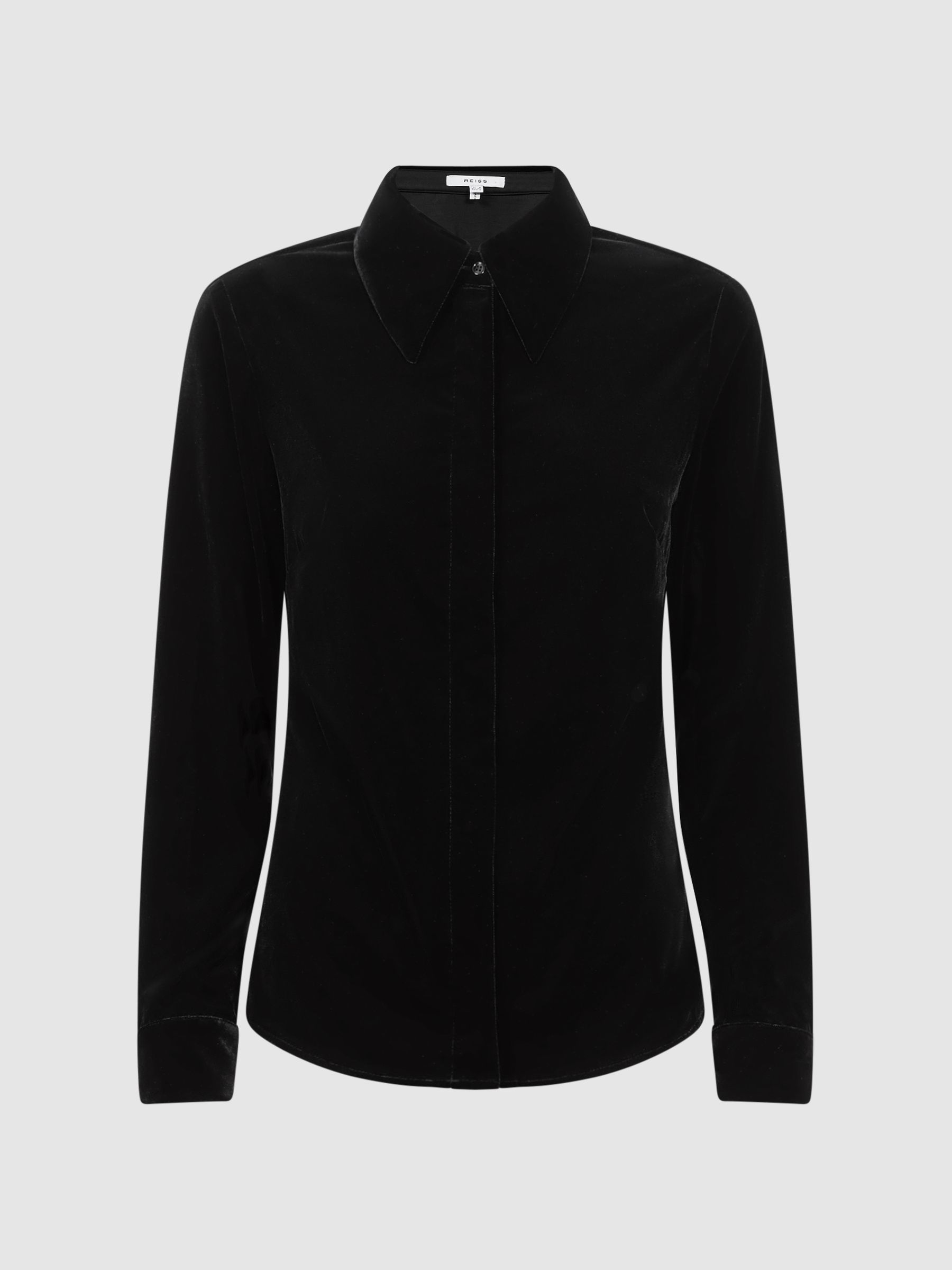 Velvet Button-Through Shirt in Black - Image 2 of 5