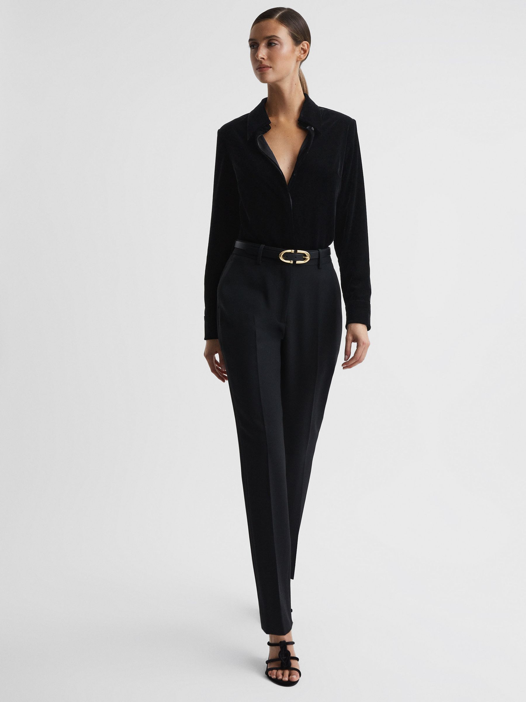 Velvet Button-Through Shirt in Black - Image 4 of 5