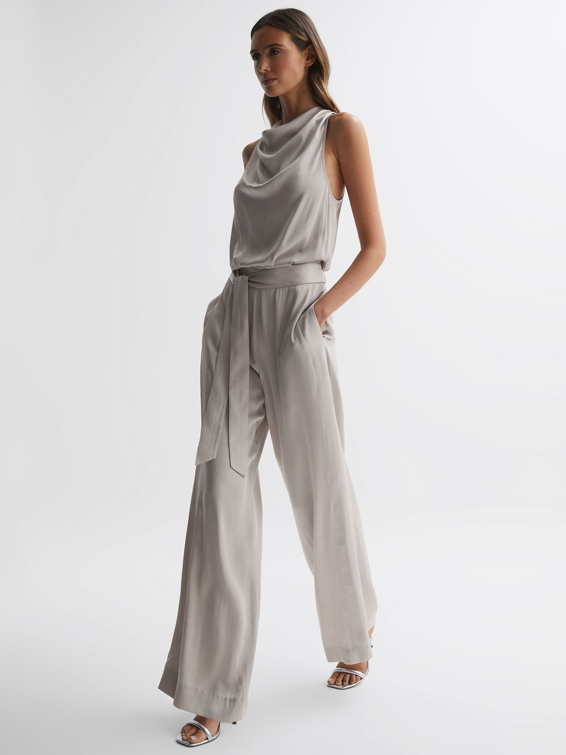 Sleeveless Cowl Neck Jumpsuit in Neutral - Image 1 of 5