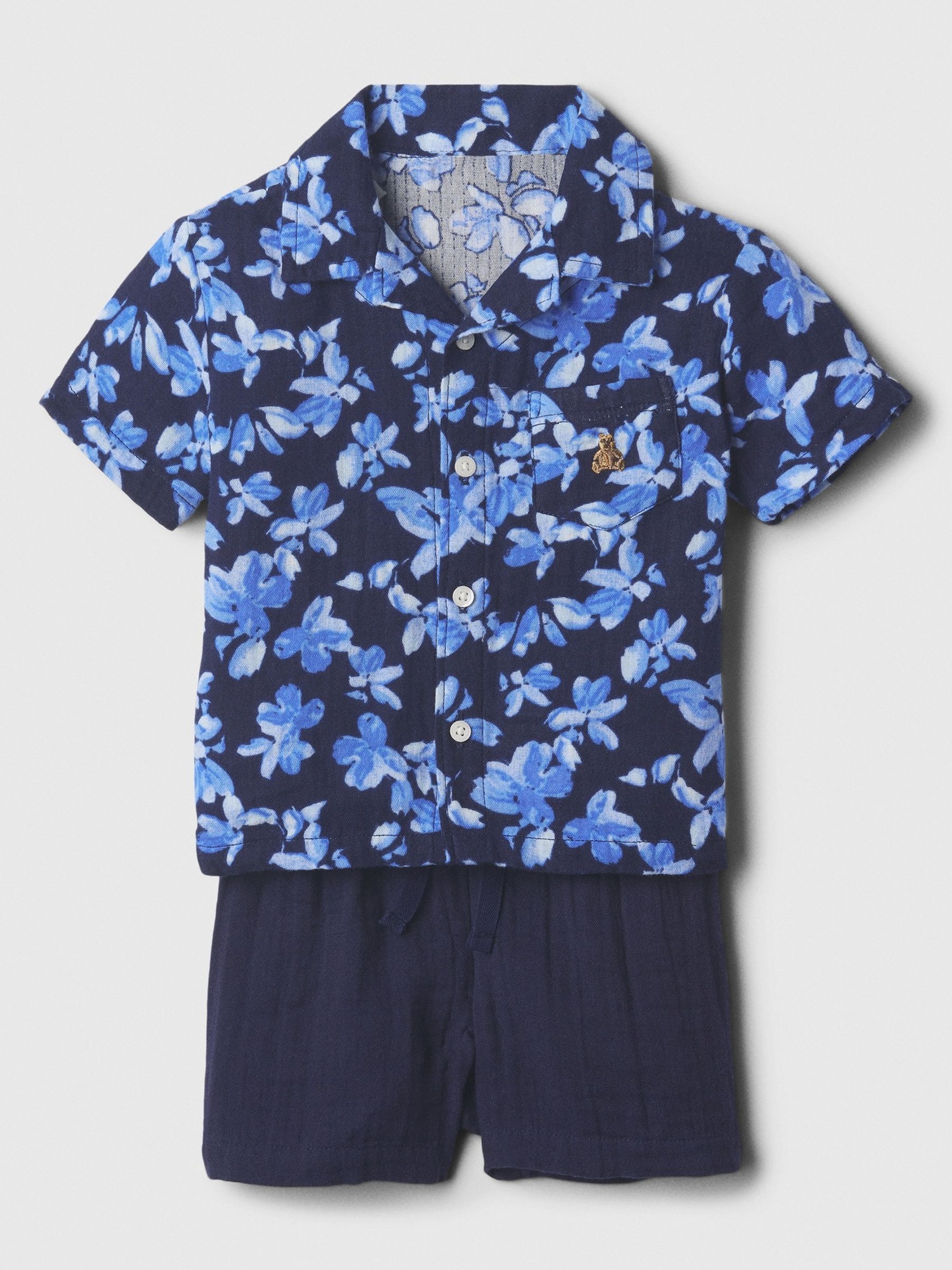 Navy Blue Floral Crinkle Cotton Brannan Bear Shirt and Shorts Set  (Newborn-24mths) - Image 1 of 1