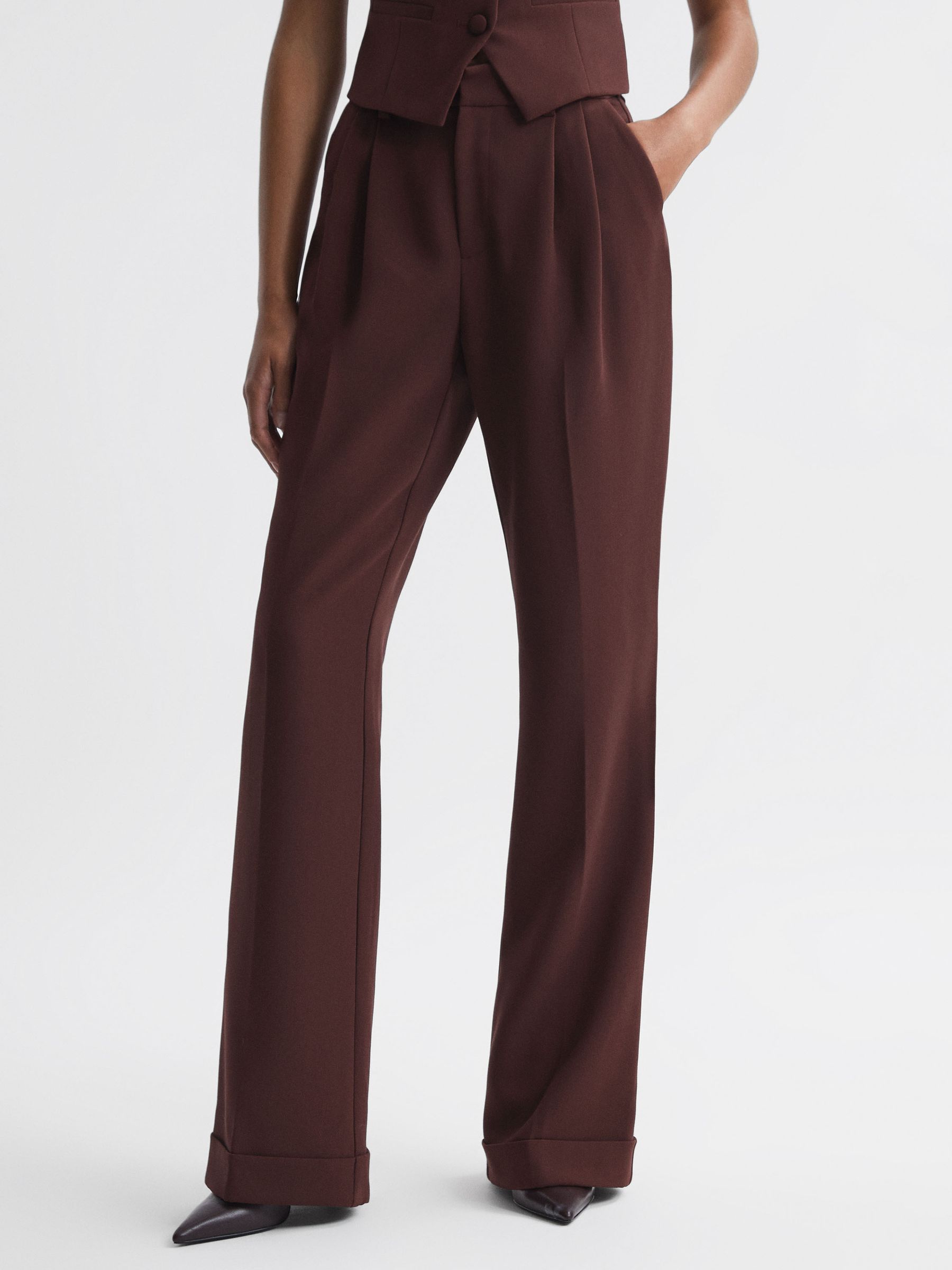 Paige High Rise Rolled Hem Suit Trousers in Mahogany - Image 1 of 6