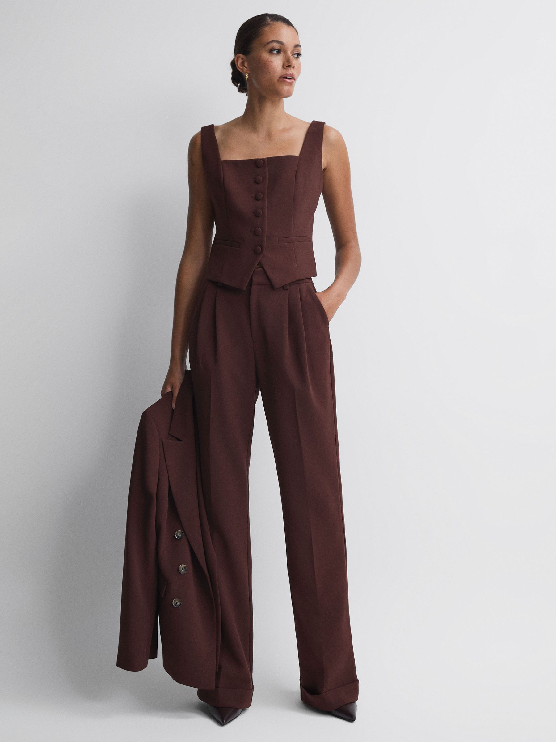 Paige High Rise Rolled Hem Suit Trousers in Mahogany - Image 3 of 6