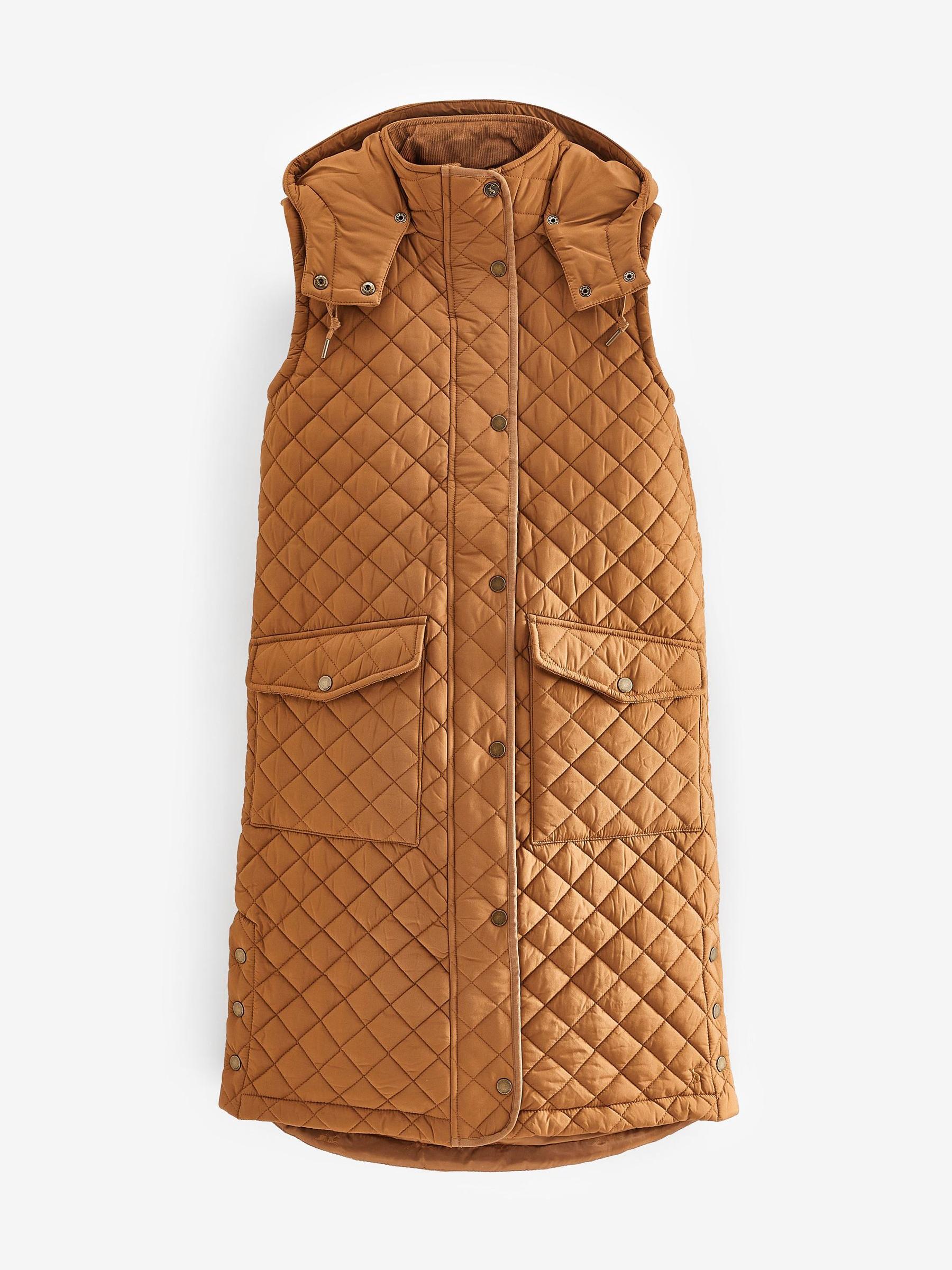 Chatsworth Rust Brown Showerproof Long Diamond Quilted Gilet With Hood - Image 1 of 7