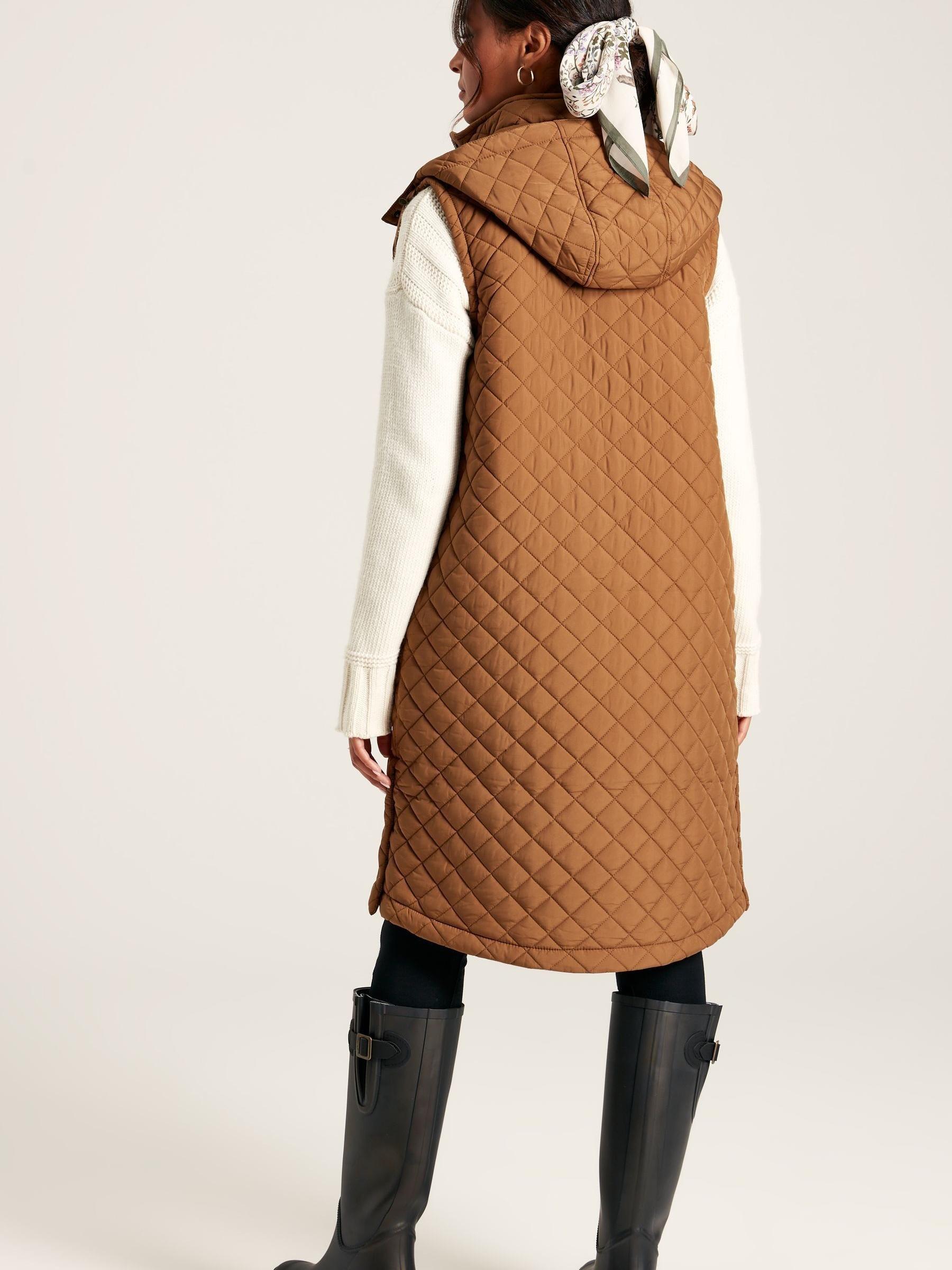 Chatsworth Rust Brown Showerproof Long Diamond Quilted Gilet With Hood - Image 2 of 7