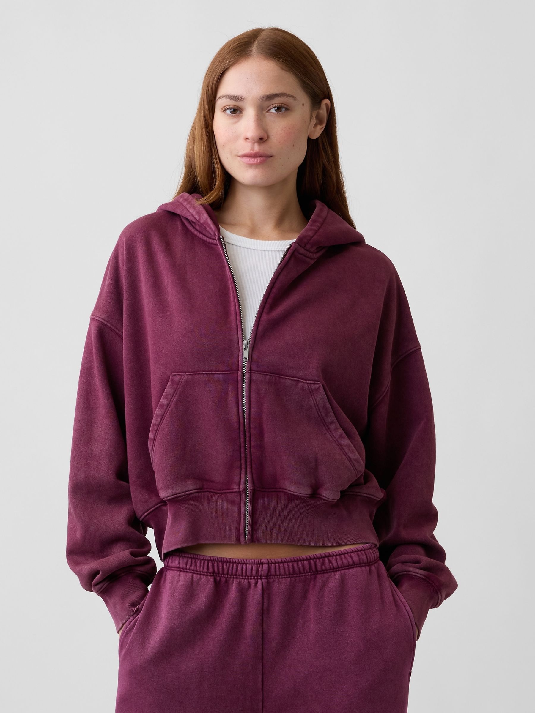 Burgundy Red Vintage Soft Wedge Zip Hoodie - Image 1 of 4 Burgundy Red Vintage Soft Wedge Zip Hoodie - Image 1 of 4