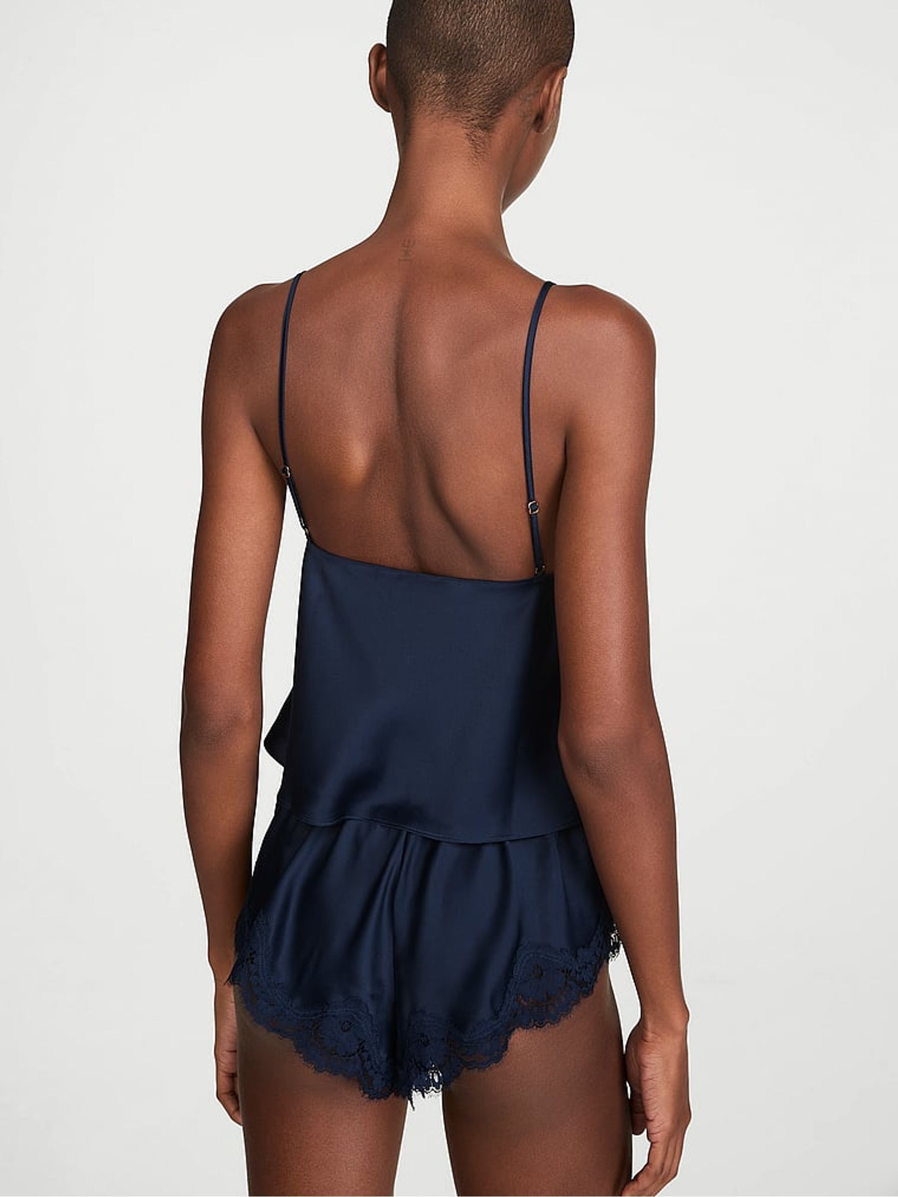 Noir Navy Blue Satin Lace Trim Flyaway Cami Flutter Shorts Set - Image 2 of 2 Noir Navy Blue Satin Lace Trim Flyaway Cami Flutter Shorts Set - Image 2 of 2