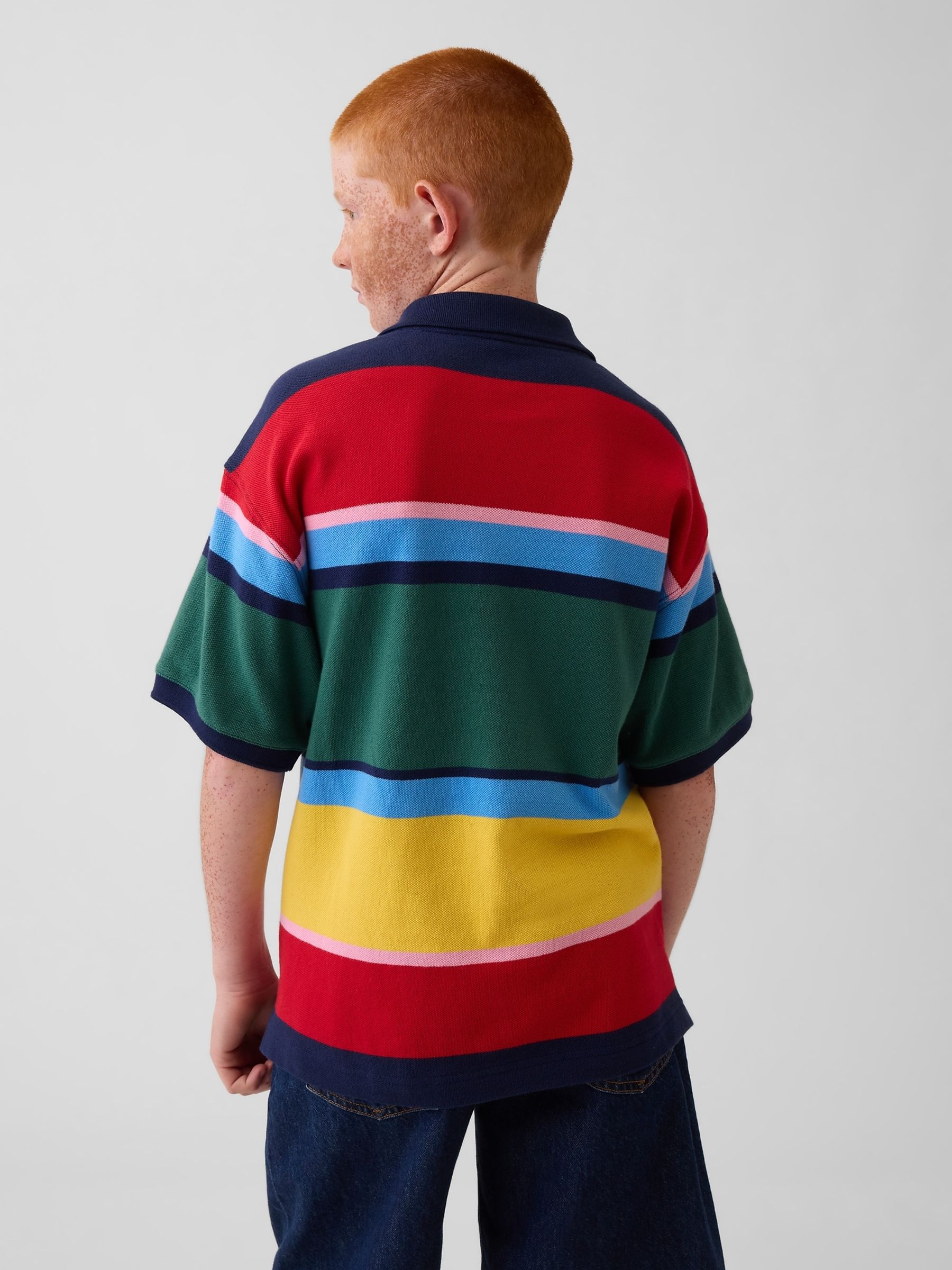 Multi Stripe Relaxed Pique Polo Shirt - Image 2 of 5 Multi Stripe Relaxed Pique Polo Shirt - Image 2 of 5