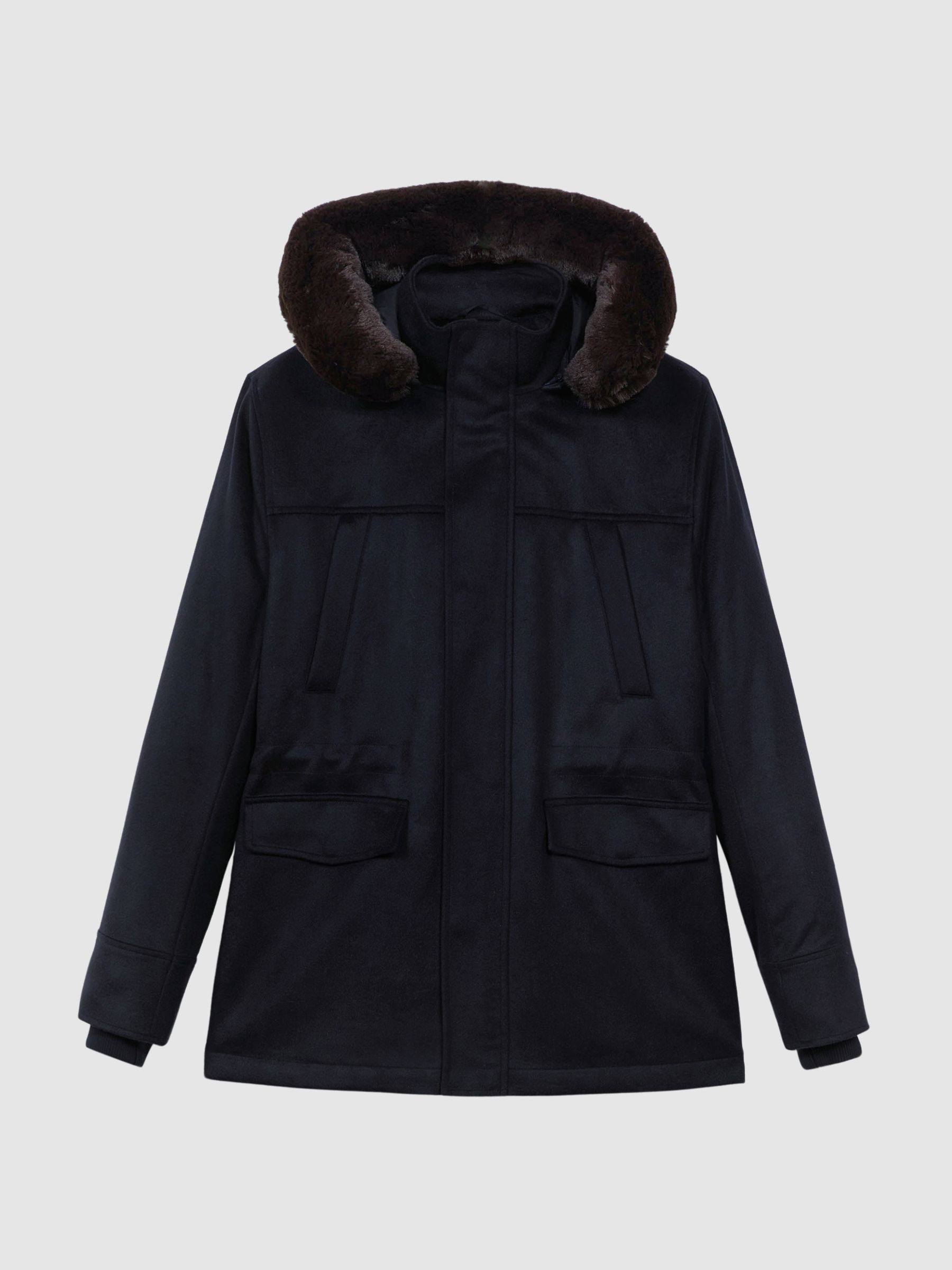 Atelier Cashmere Removable Faux Fur Hooded Coat in Navy - Image 2 of 9