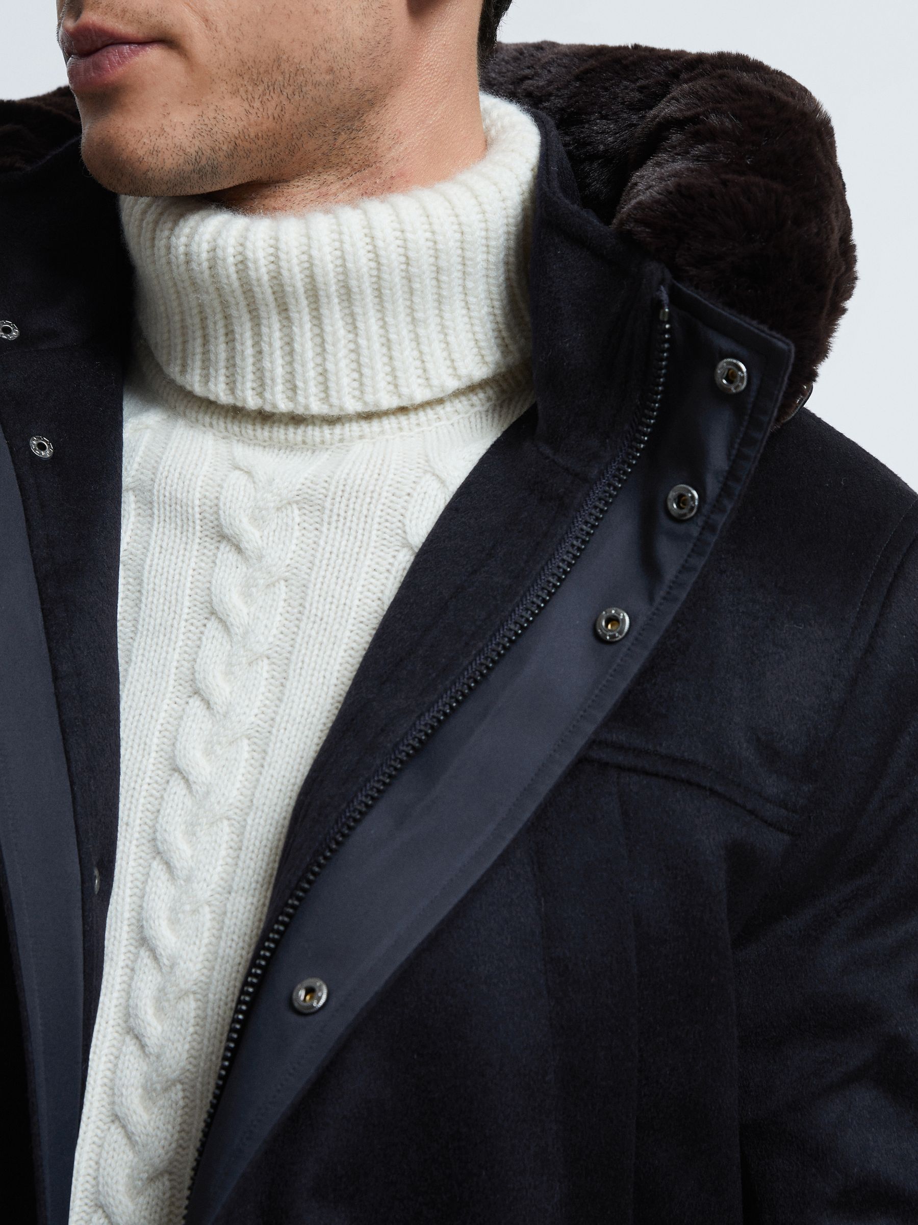 Atelier Cashmere Removable Faux Fur Hooded Coat in Navy - Image 4 of 9