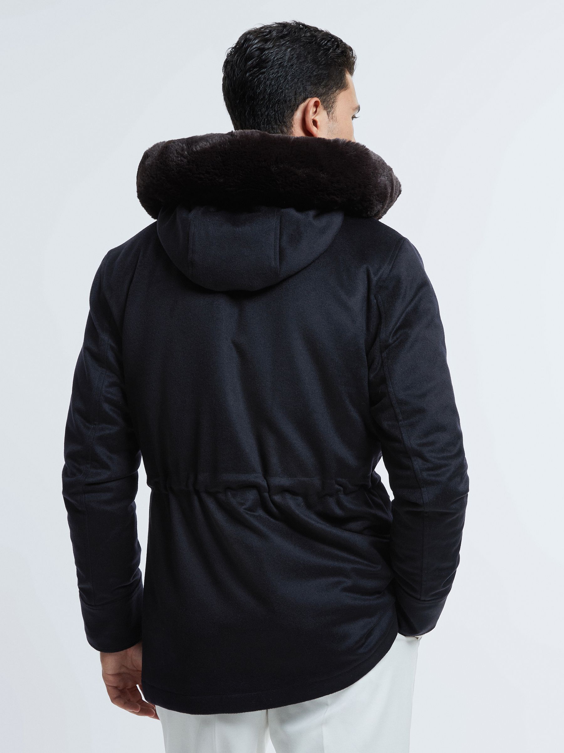 Atelier Cashmere Removable Faux Fur Hooded Coat in Navy - Image 5 of 9