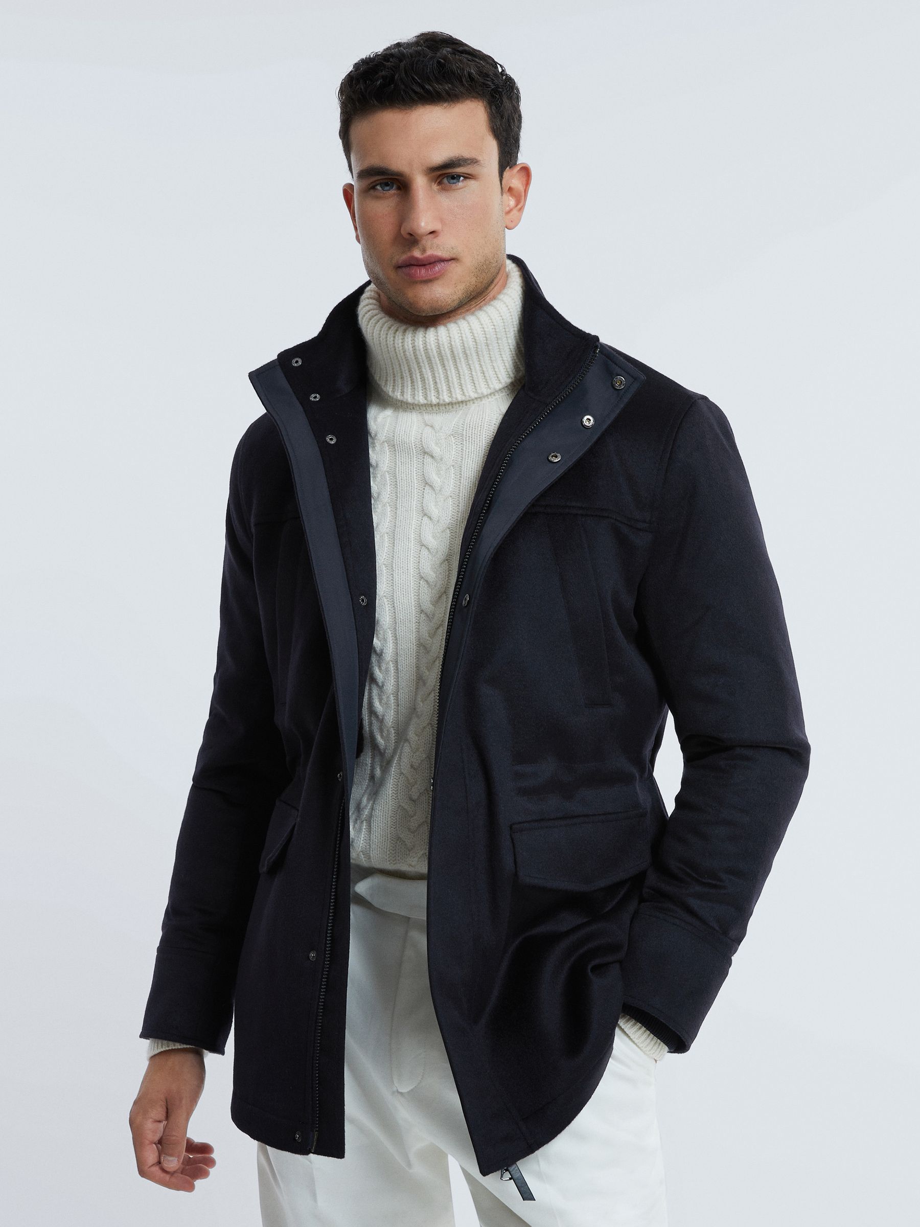 Atelier Cashmere Removable Faux Fur Hooded Coat in Navy - Image 6 of 9