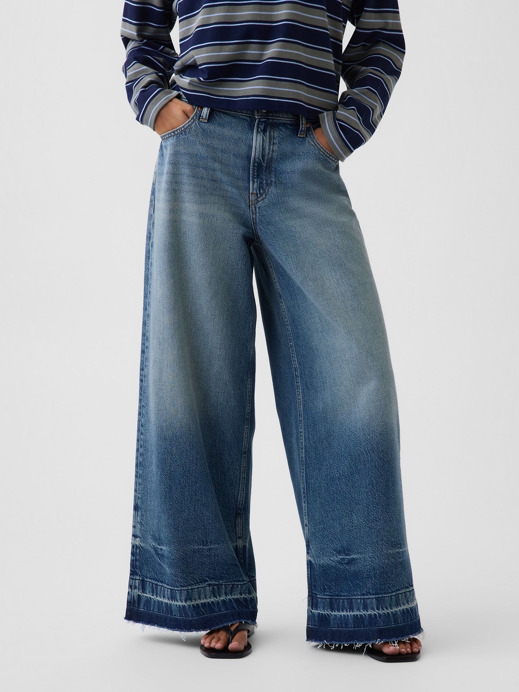 Medium Wash Mid Rise Stripe Baggy Jeans - Image 1 of 5 Medium Wash Mid Rise Stripe Baggy Jeans - Image 1 of 5