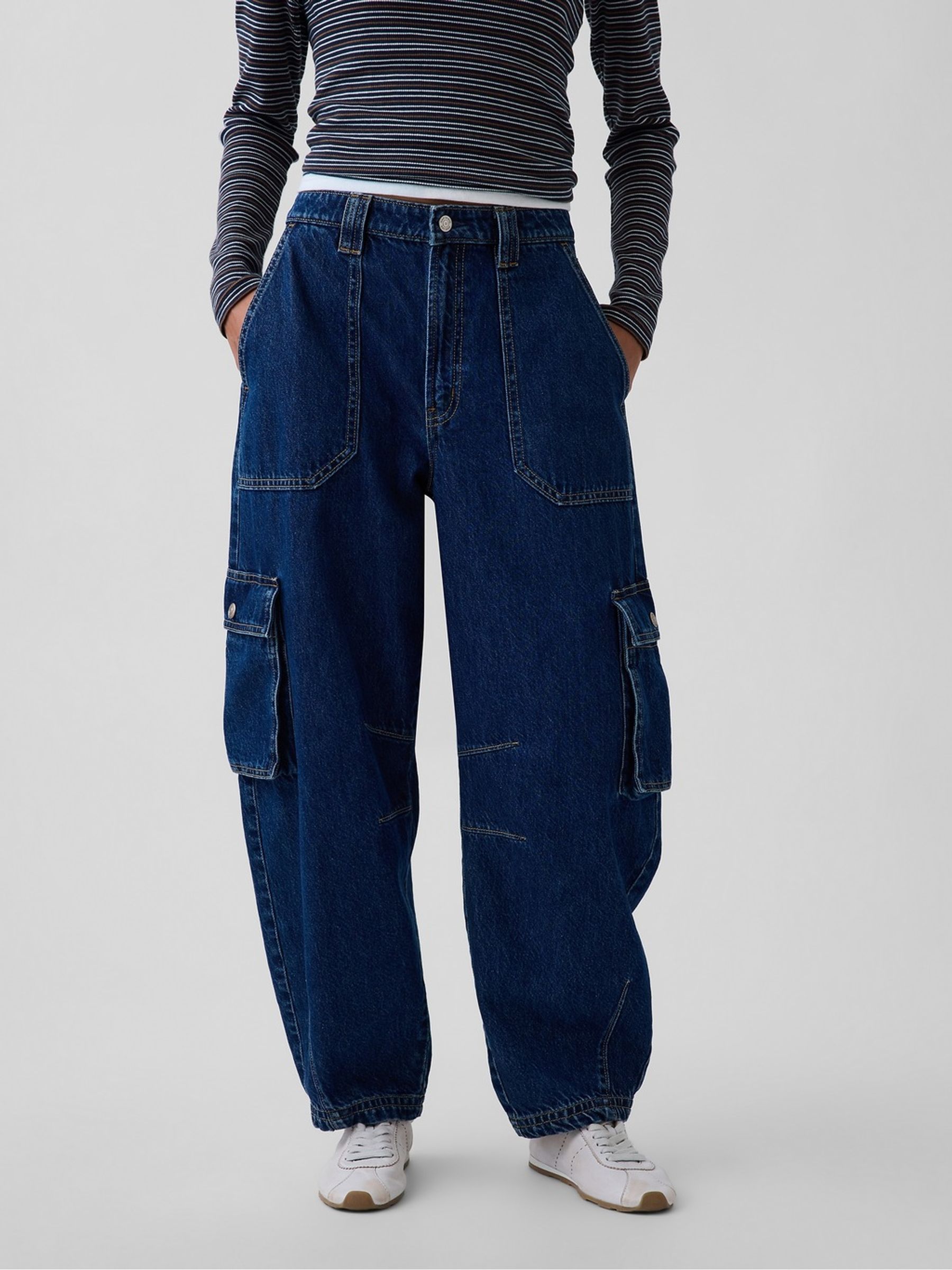 Indigo Wash High Waisted Barrel Cargo Jeans - Image 1 of 6