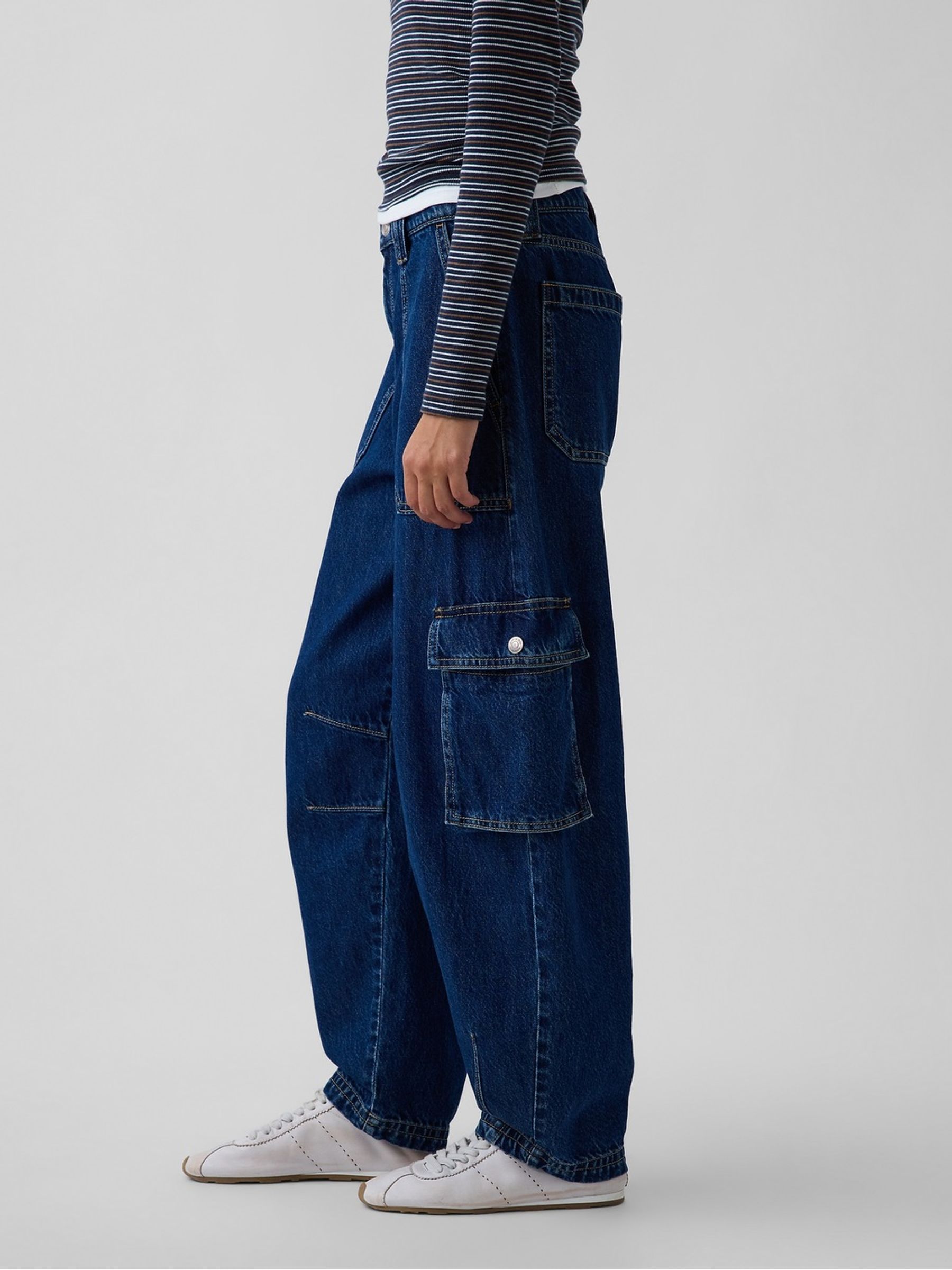 Indigo Wash High Waisted Barrel Cargo Jeans - Image 3 of 6