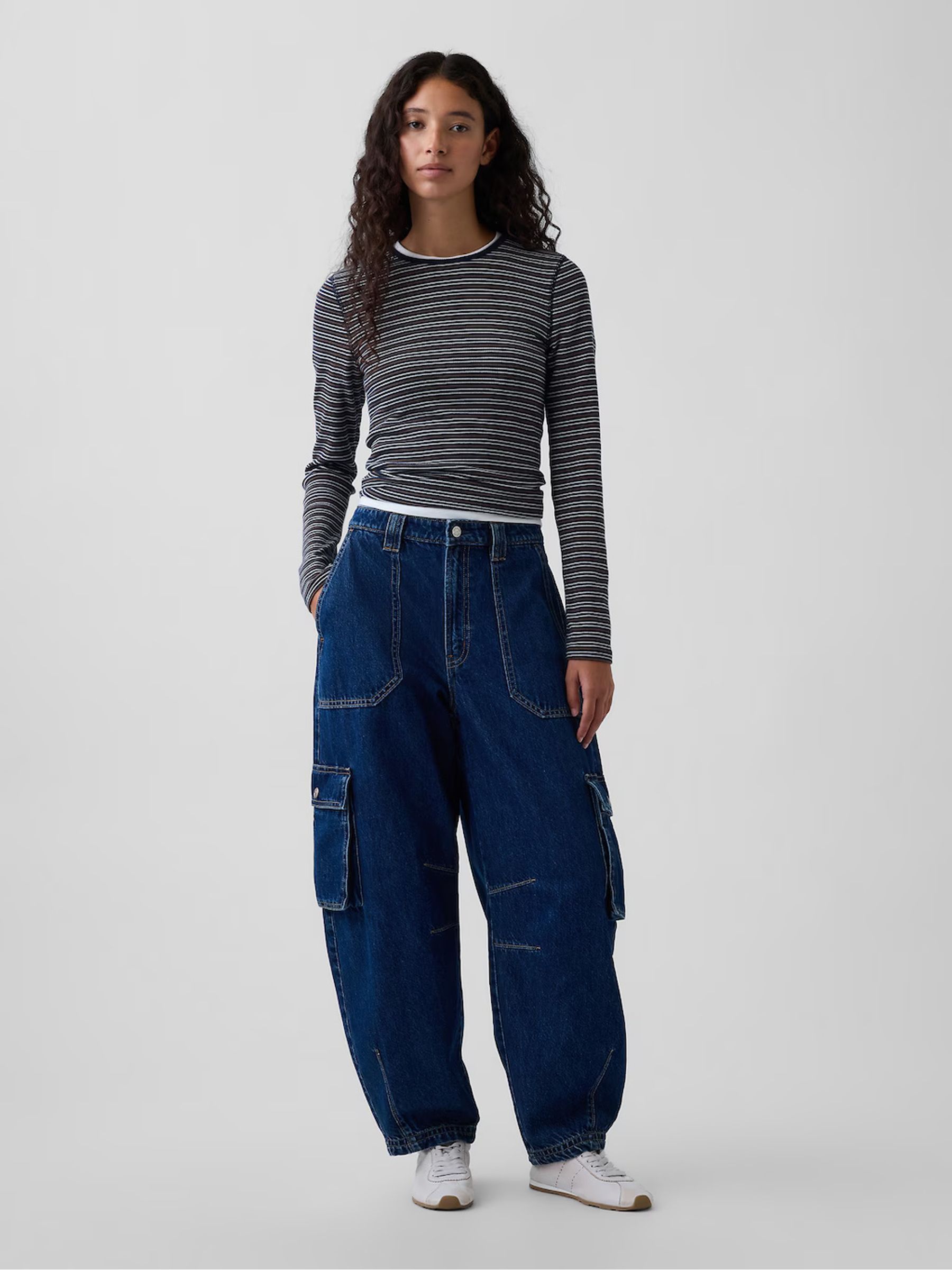 Indigo Wash High Waisted Barrel Cargo Jeans - Image 4 of 6