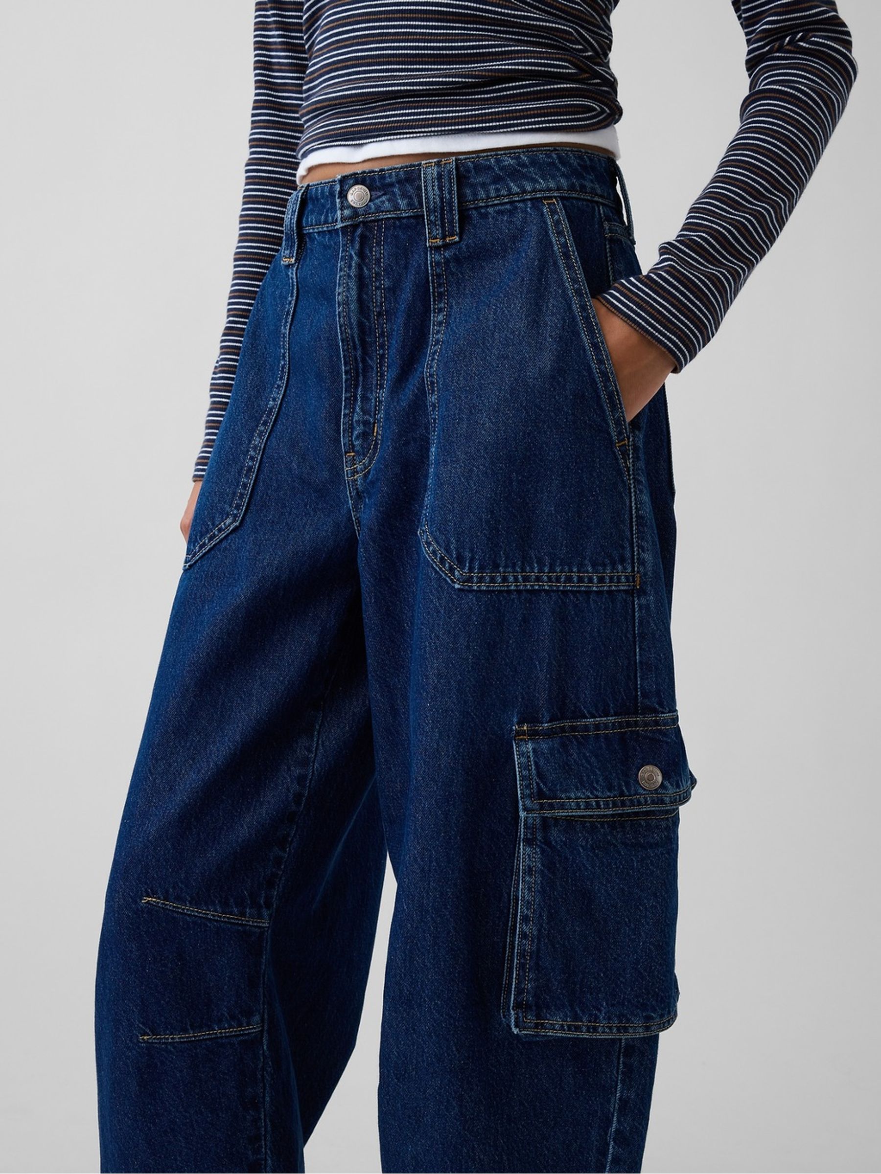 Indigo Wash High Waisted Barrel Cargo Jeans - Image 5 of 6