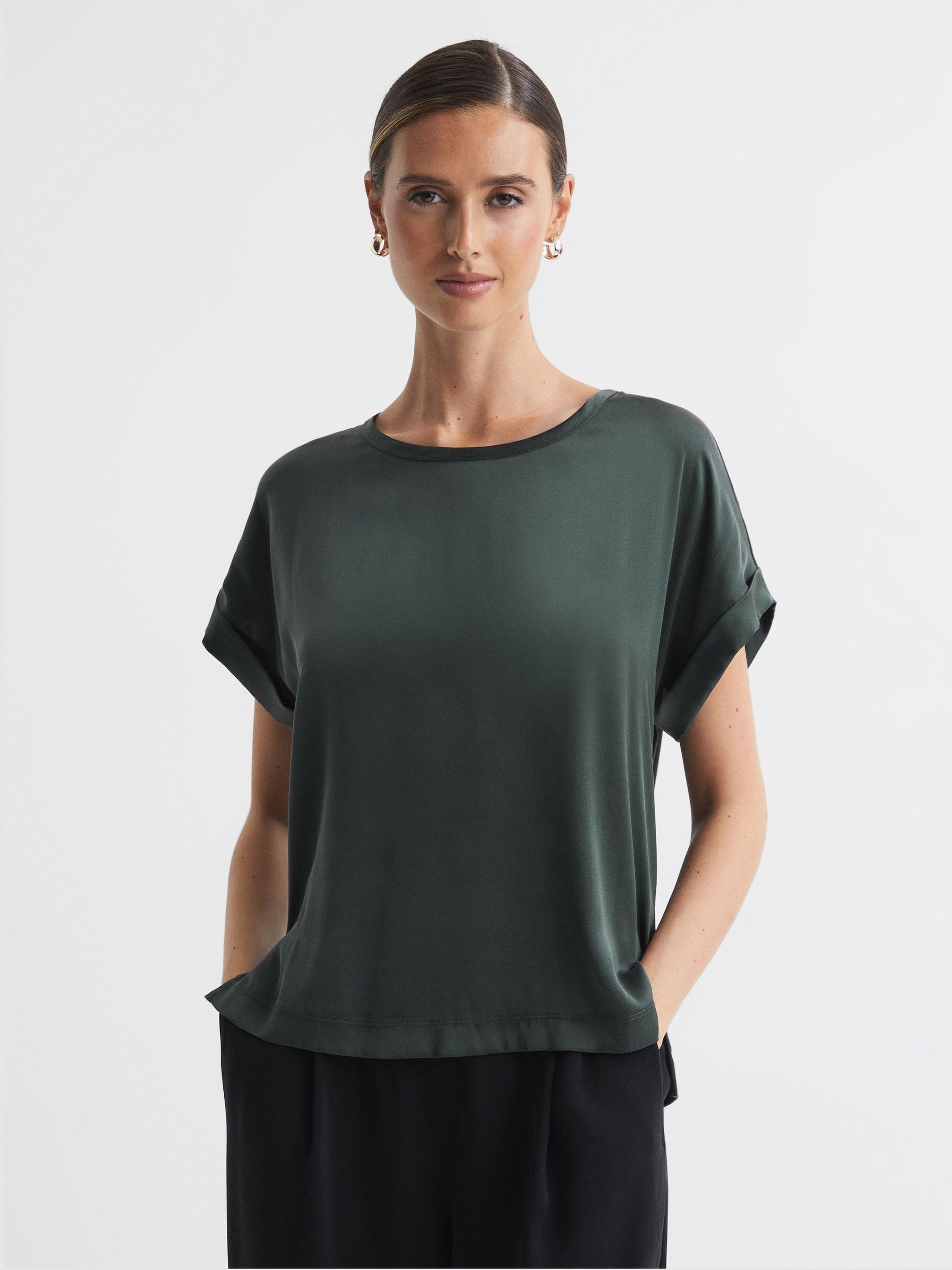 Silk Front Crew Neck T-Shirt in Emerald - Image 1 of 5