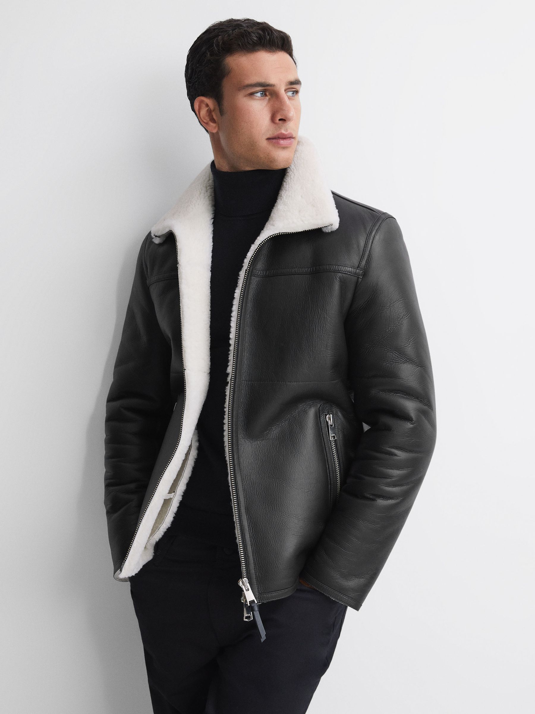 Leather Sheepskin Jacket in Black - Image 3 of 6