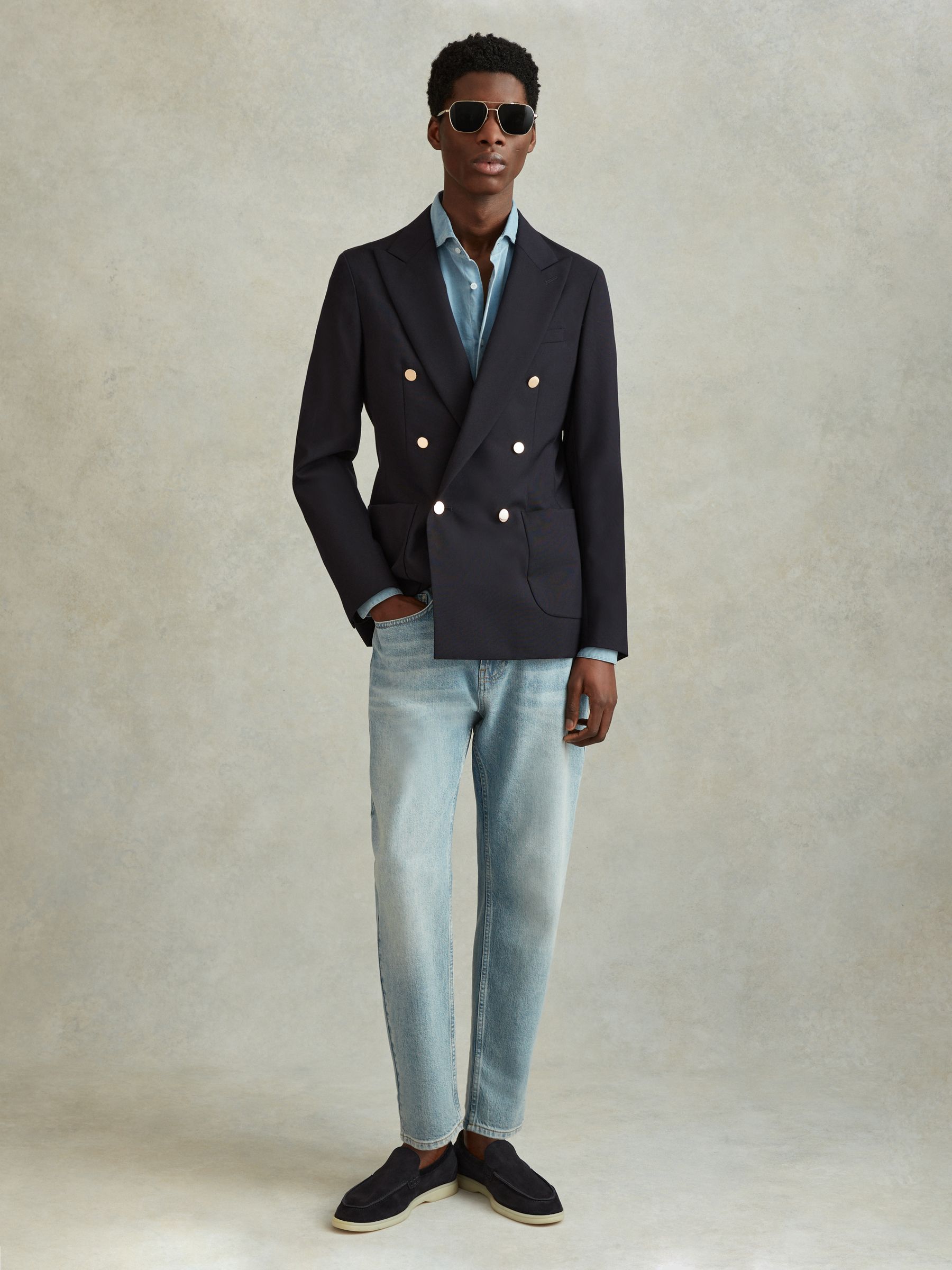 Slim Fit Wool Double Breasted Blazer in Dark Navy - Image 1 of 7