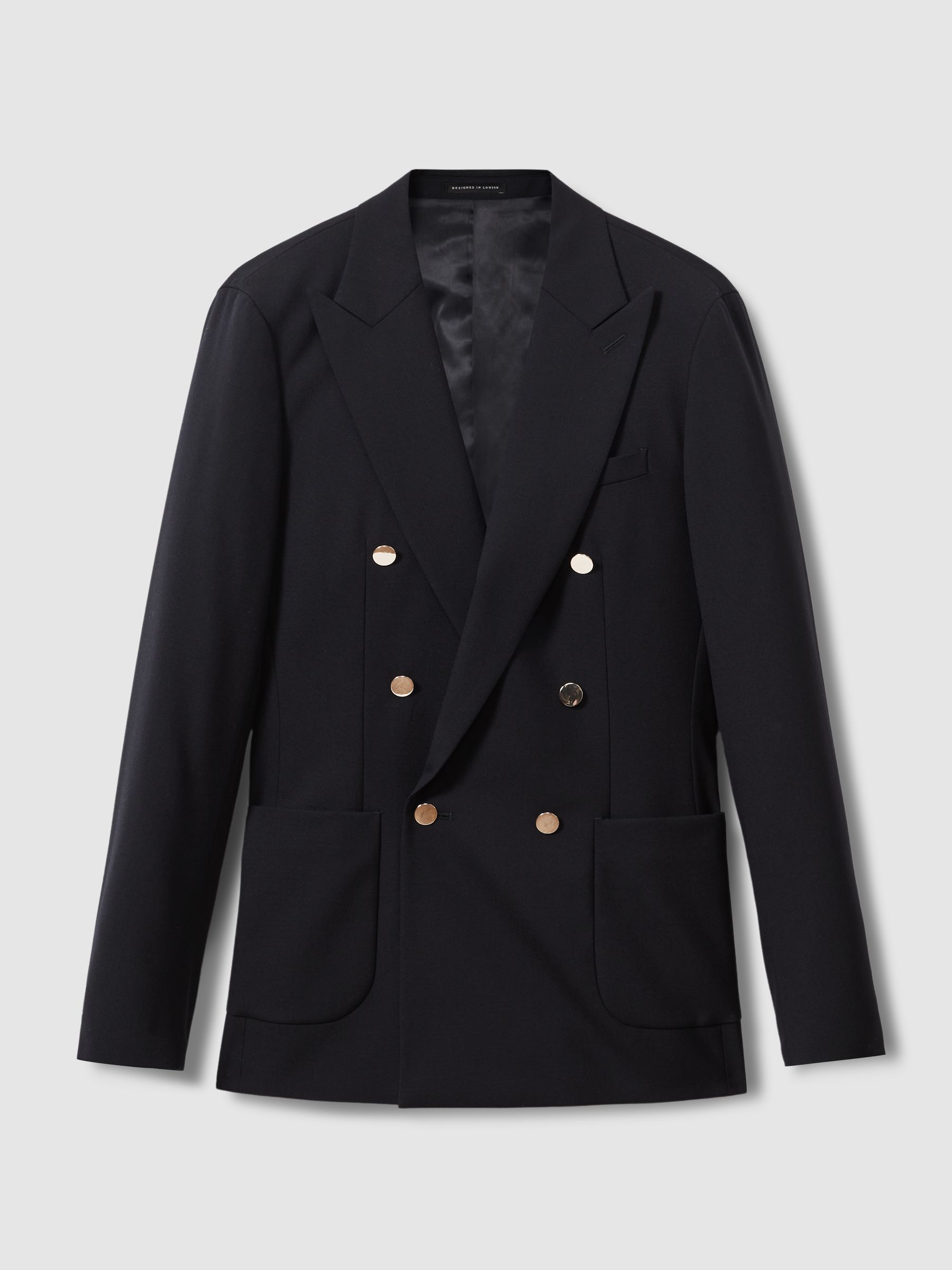 Slim Fit Wool Double Breasted Blazer in Dark Navy - Image 2 of 7