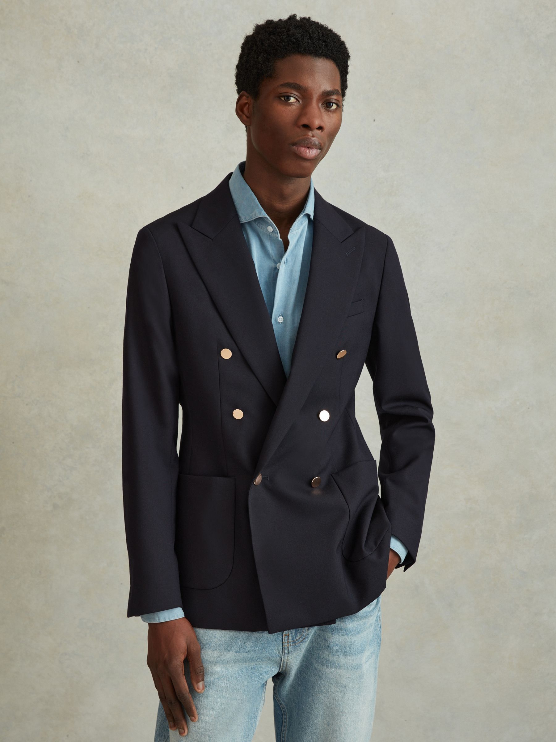 Slim Fit Wool Double Breasted Blazer in Dark Navy - Image 3 of 7