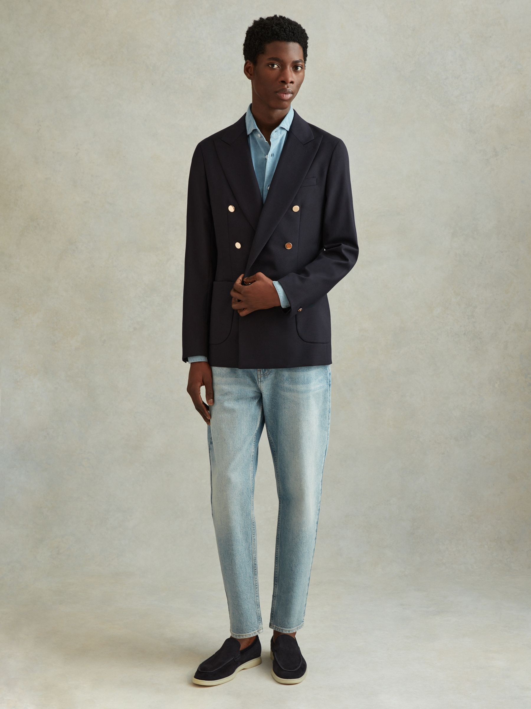 Slim Fit Wool Double Breasted Blazer in Dark Navy - Image 4 of 7