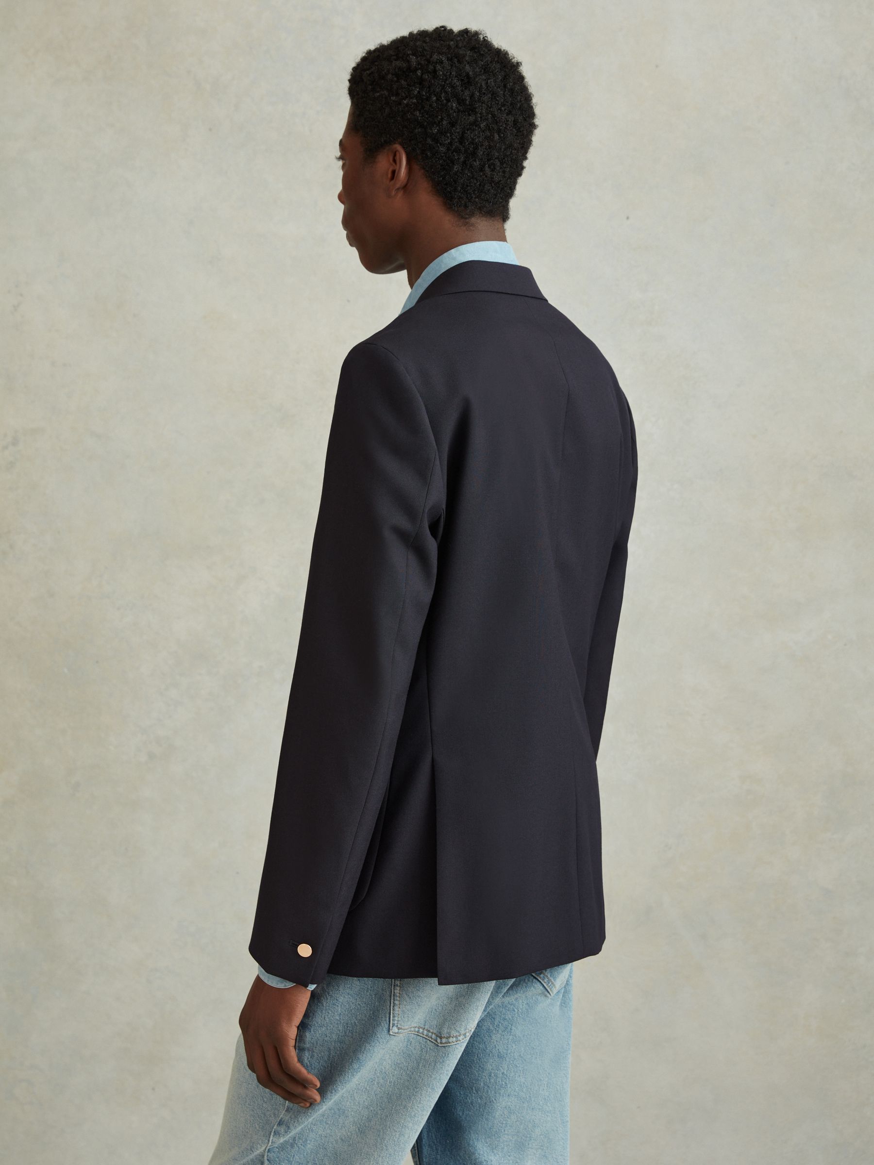 Slim Fit Wool Double Breasted Blazer in Dark Navy - Image 5 of 7