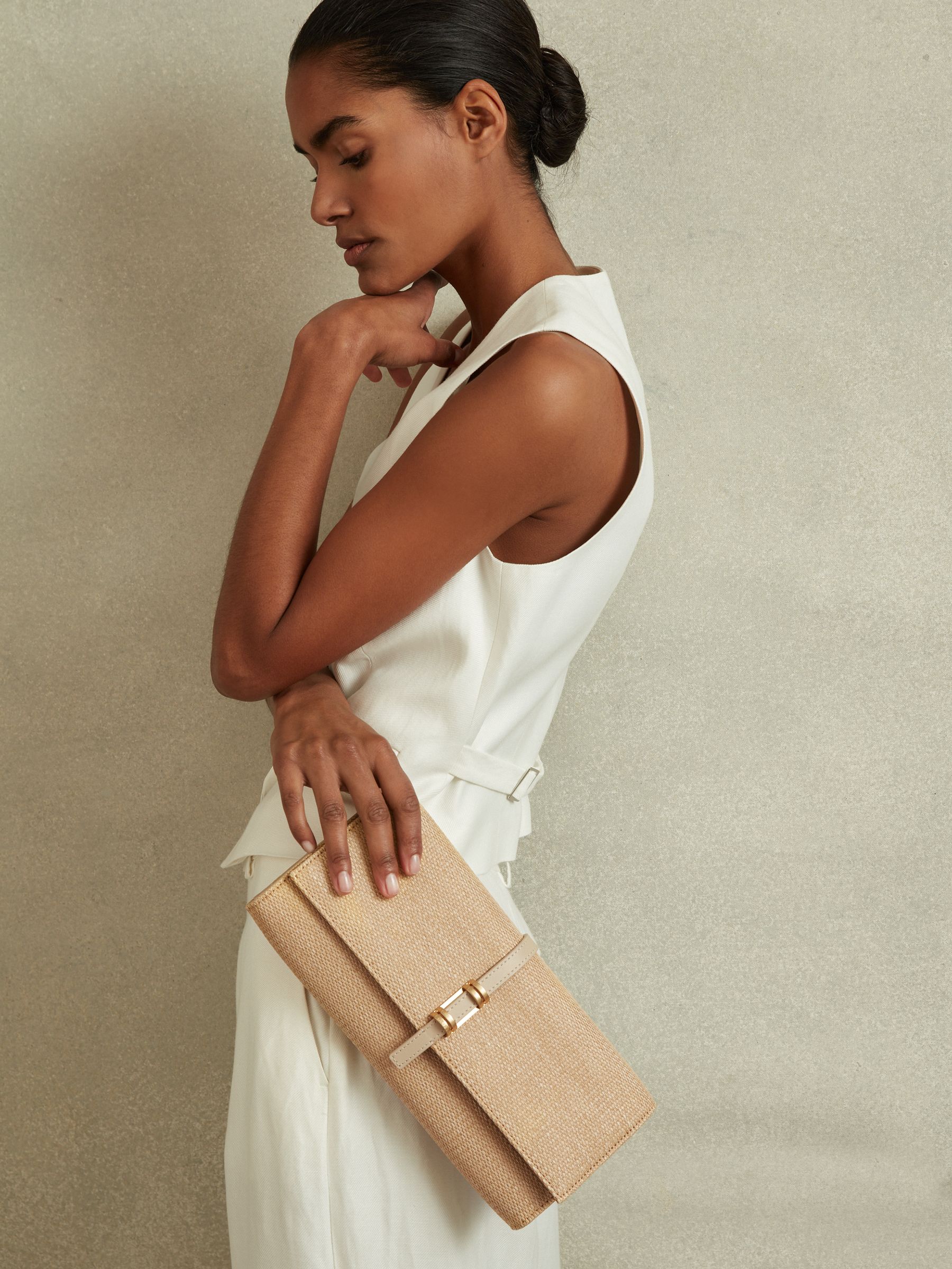 Raffia Baguette Clutch Bag in Natural - Image 2 of 6