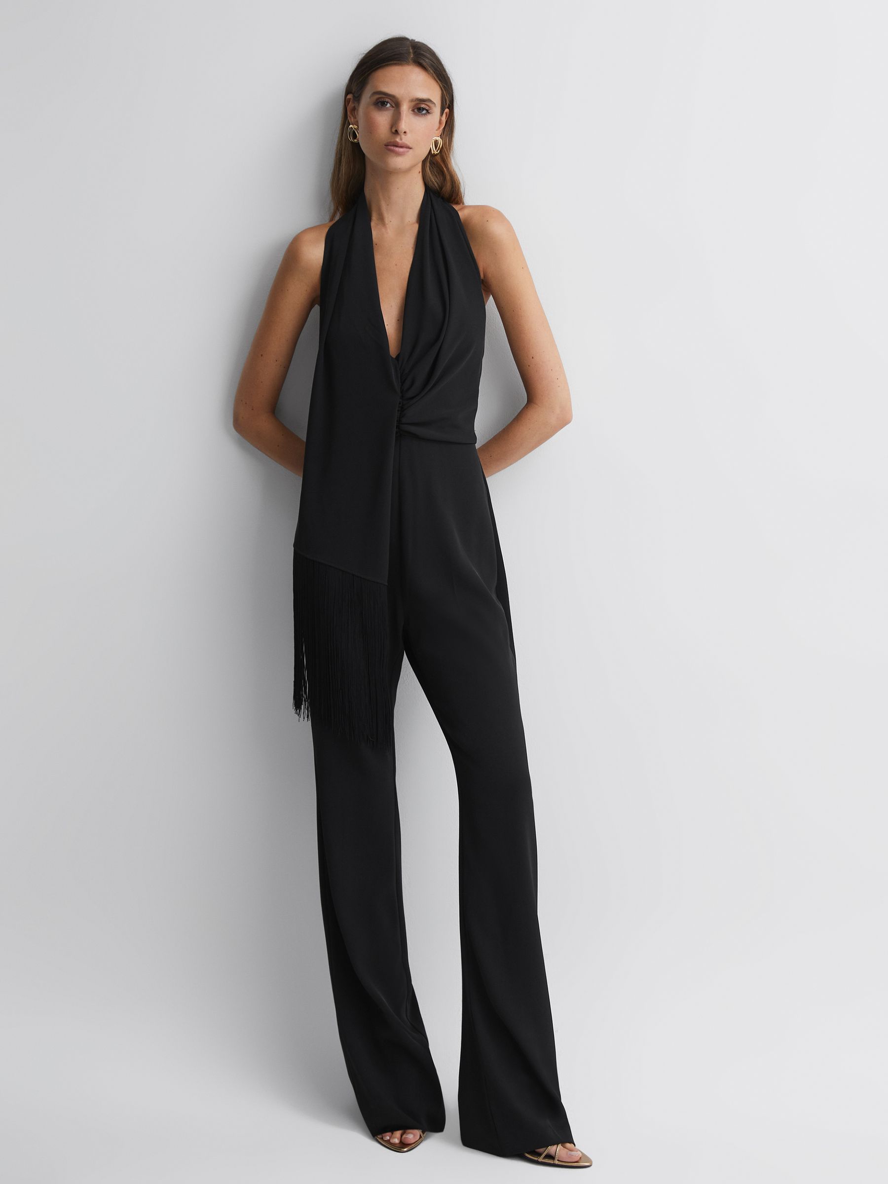 Halston Halter Neck Tassel Jumpsuit in Black - Image 1 of 5