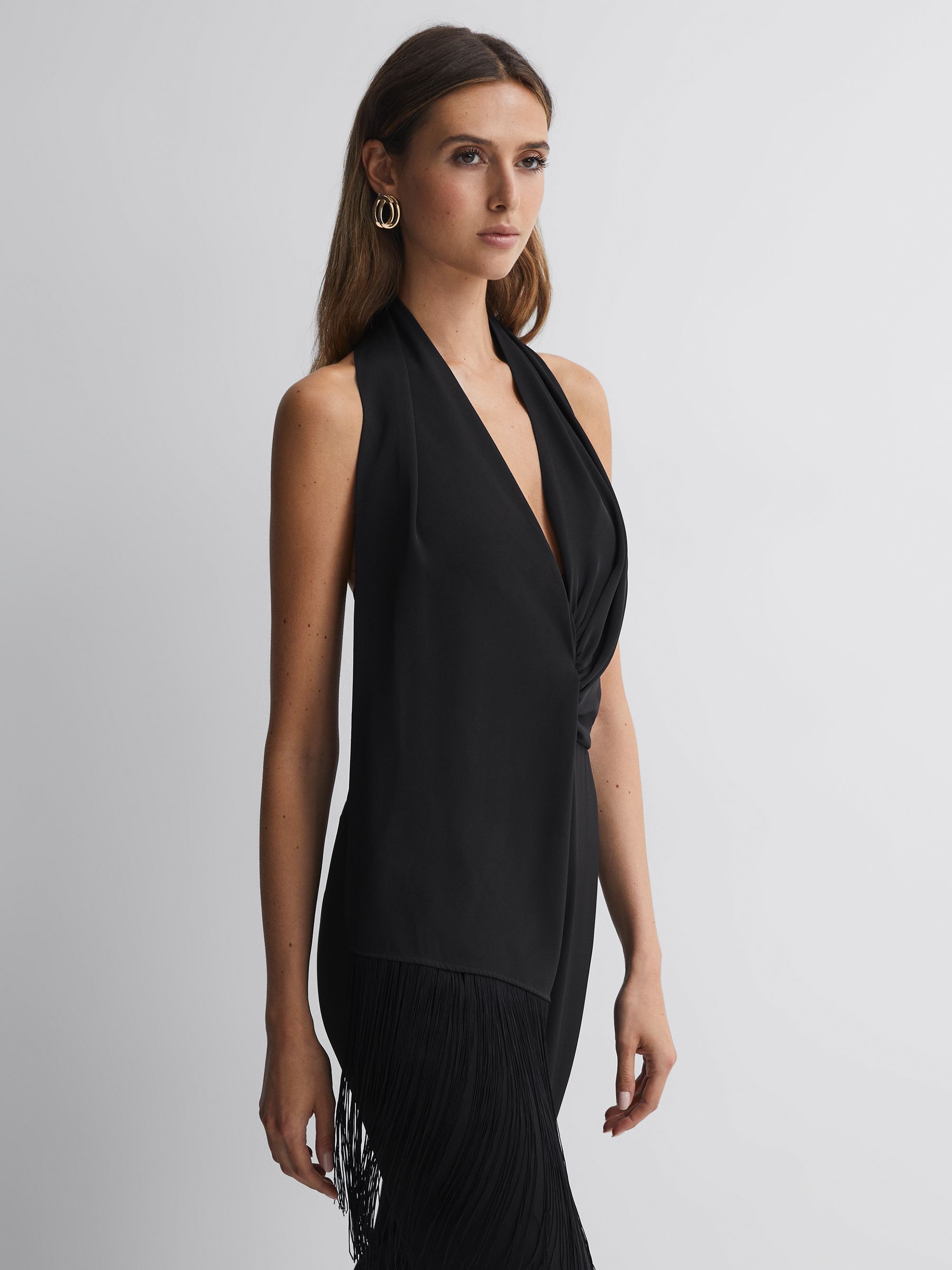 Halston Halter Neck Tassel Jumpsuit in Black - Image 3 of 5