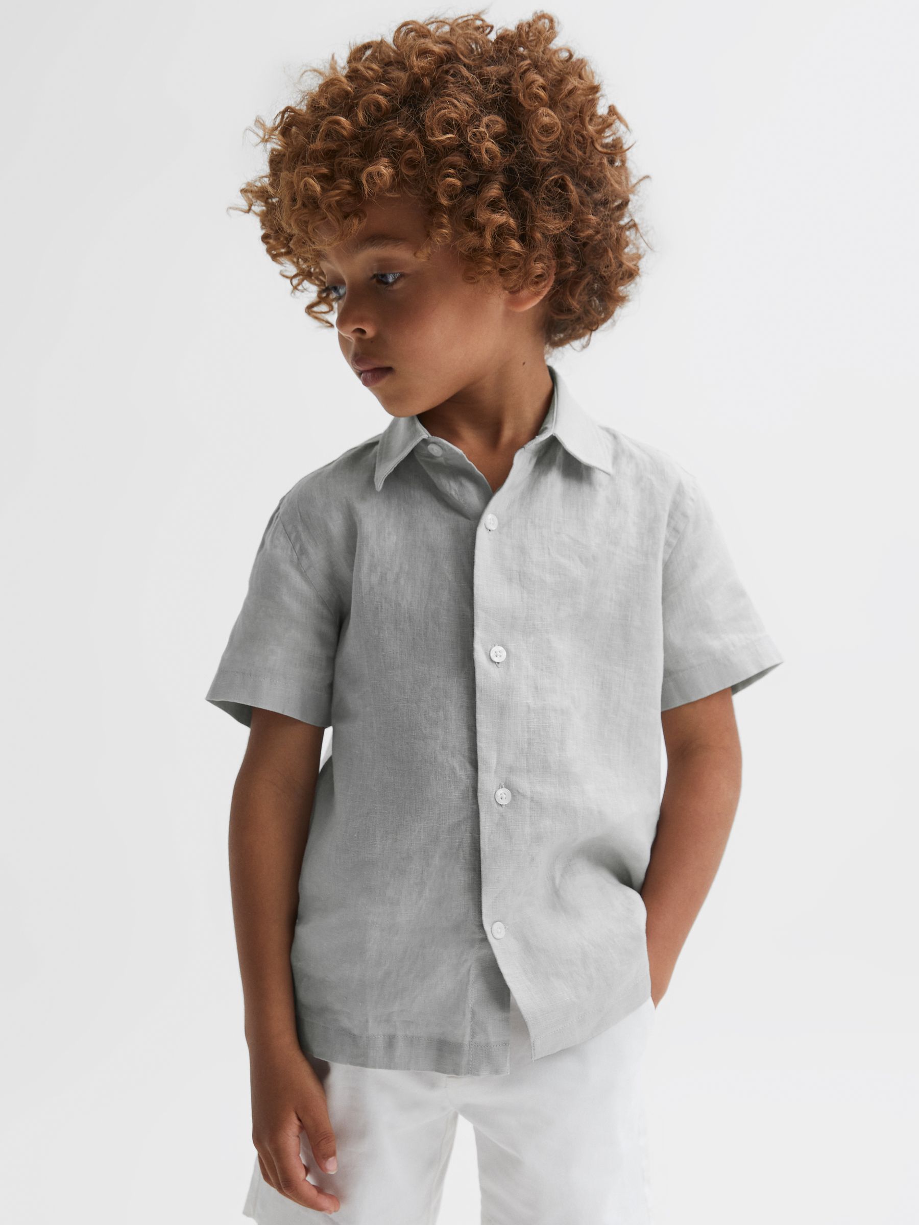 Short Sleeve Linen Shirt in Light Sage Green - Image 1 of 6