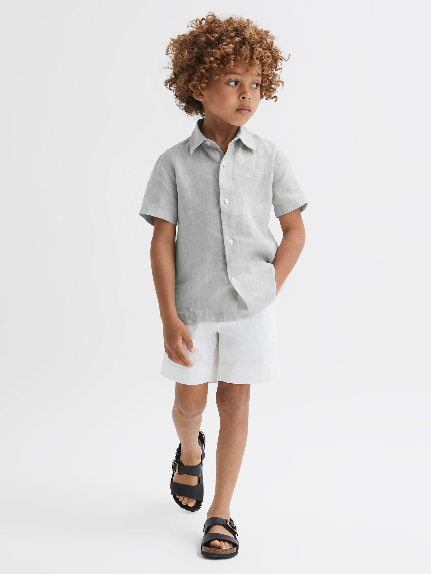 Short Sleeve Linen Shirt in Light Sage Green - Image 5 of 6