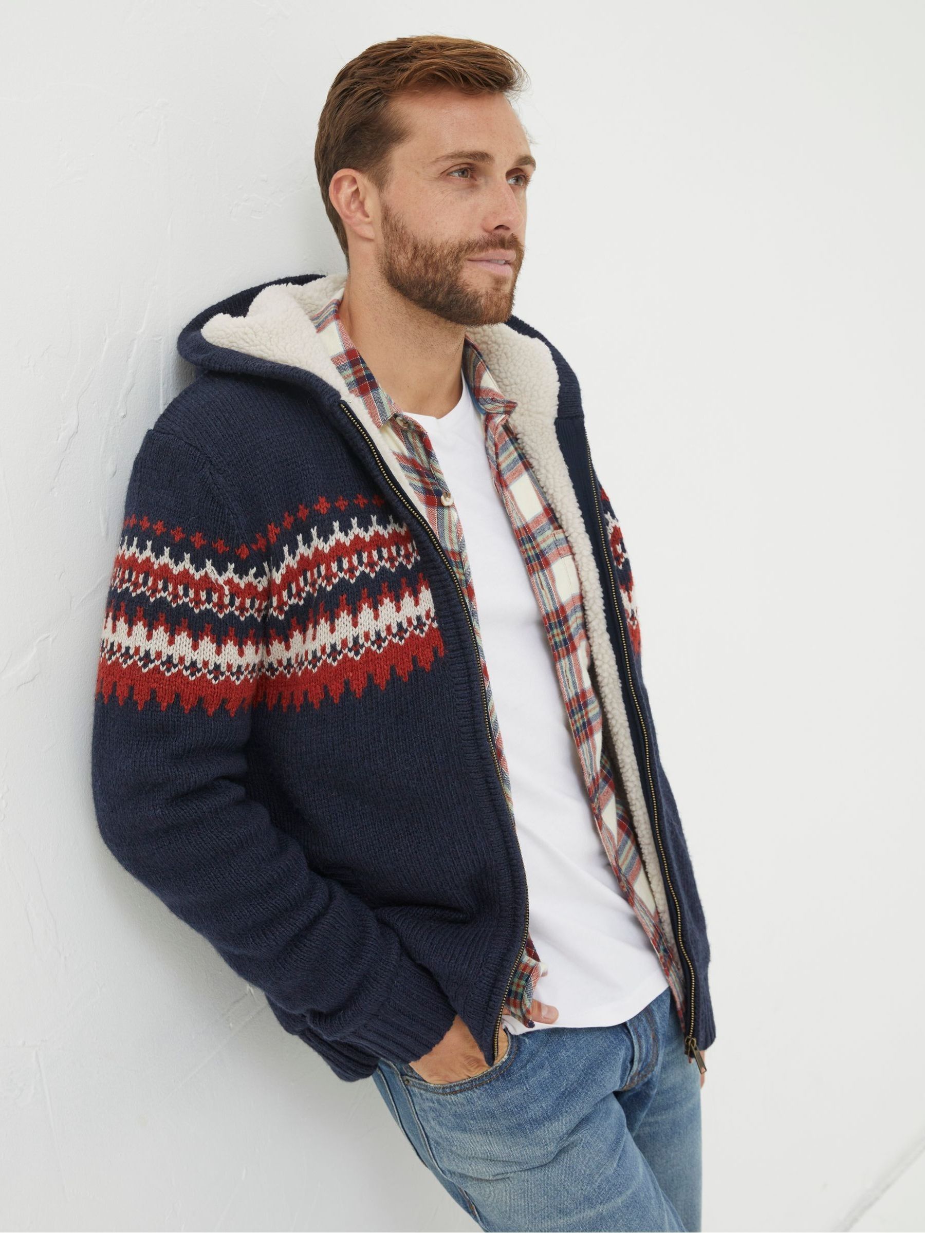 Blue Borg Lined Fairisle Knit Hoodie - Image 1 of 5