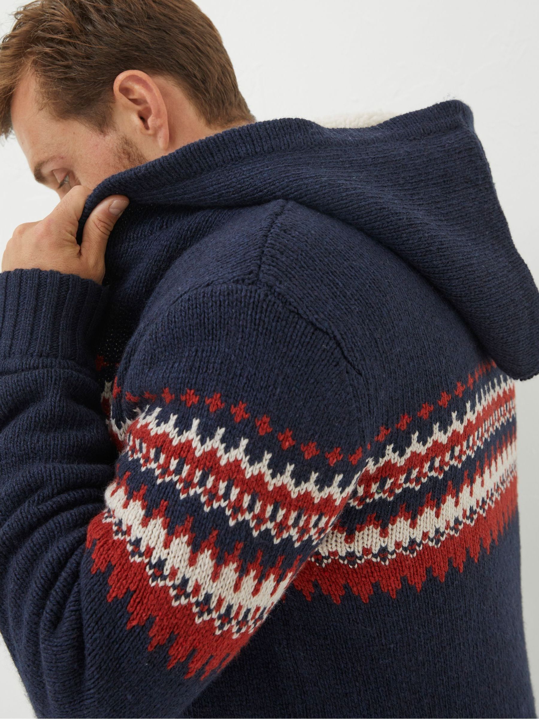 Blue Borg Lined Fairisle Knit Hoodie | FatFace