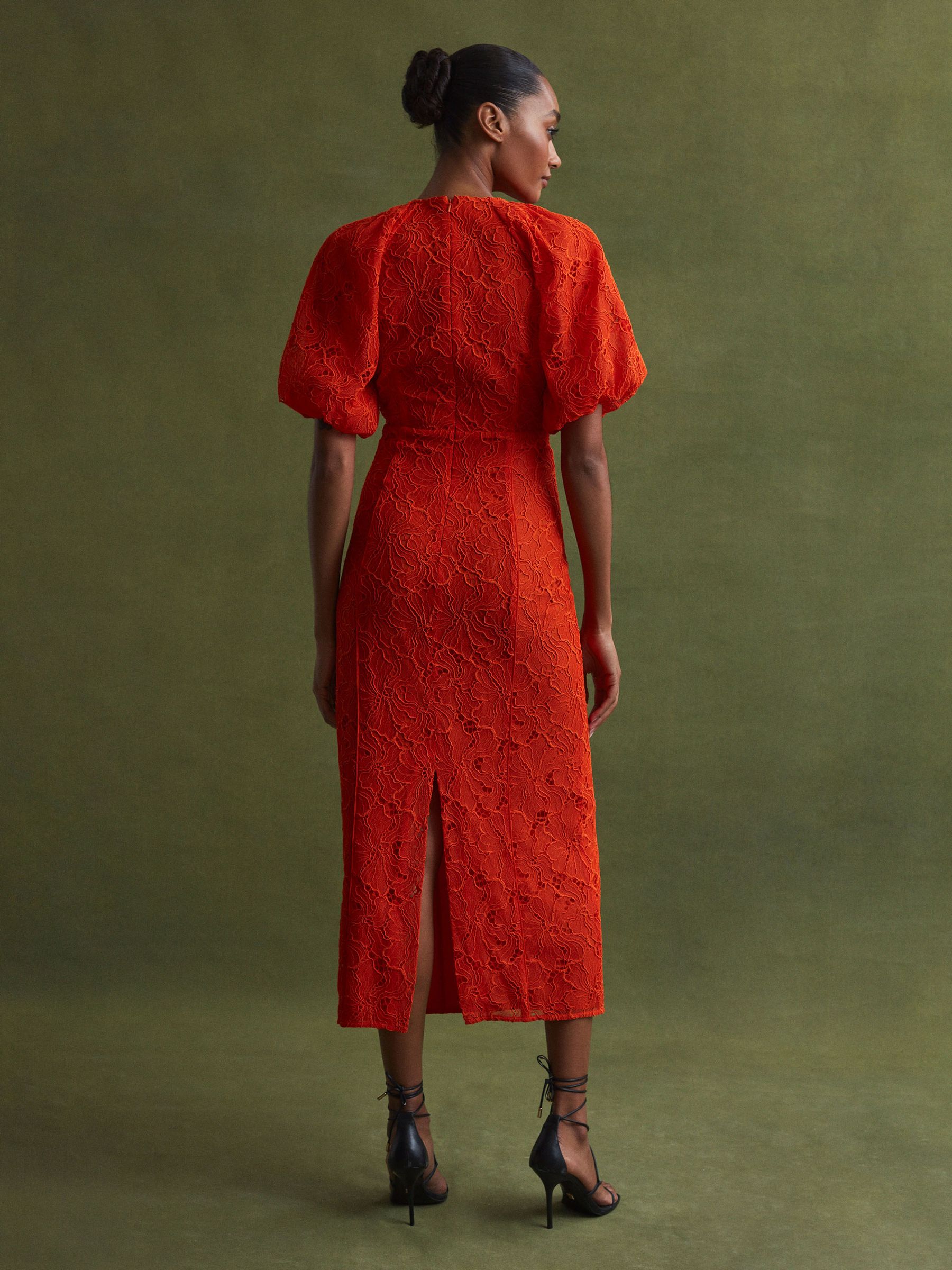 Florere Lace Puff Sleeve Midi Dress in Orange - Image 2 of 6 Florere Lace Puff Sleeve Midi Dress in Orange - Image 2 of 6